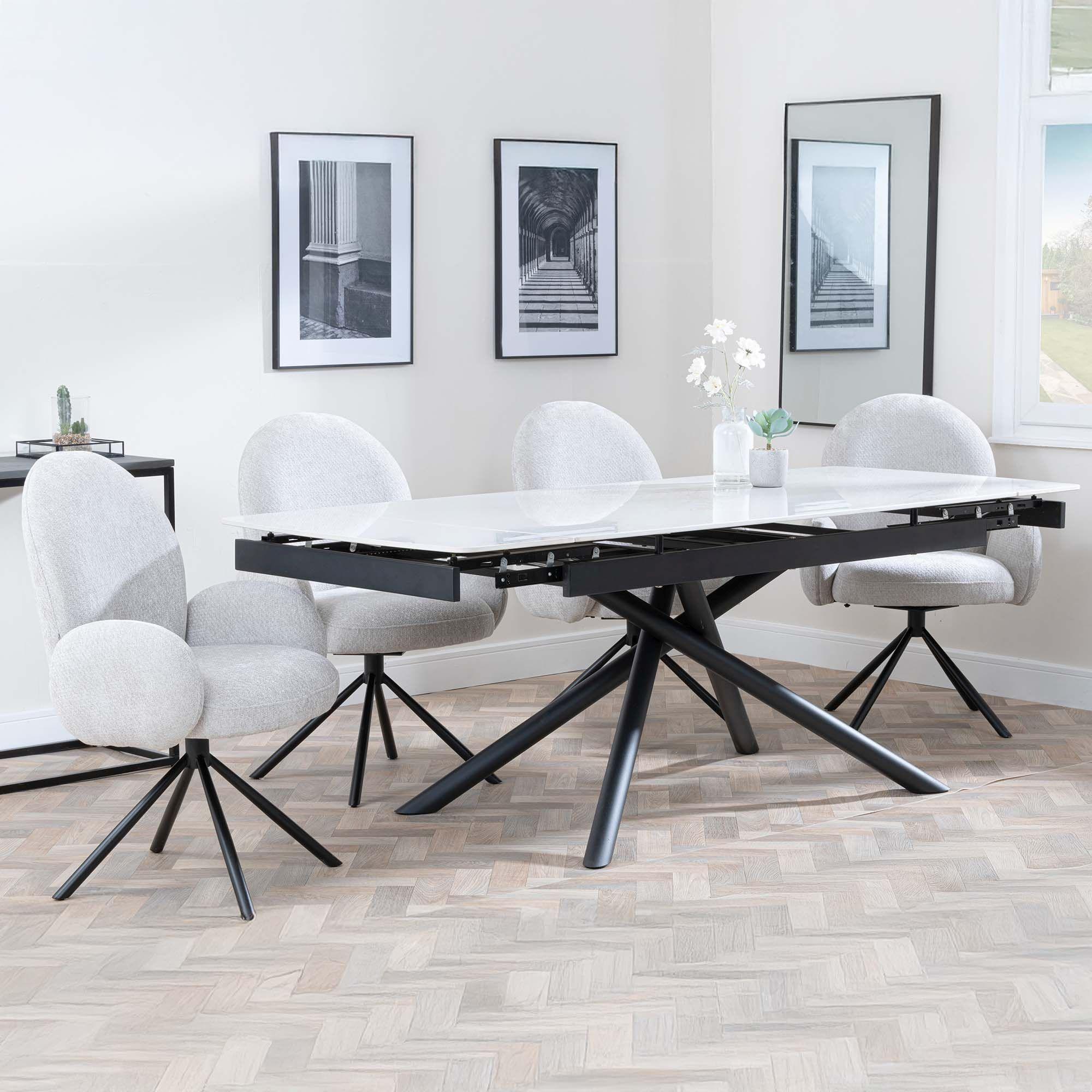 Apollo White Ceramic Extending Dining Set - Theo Grey Fabric Swivel Dining Chair