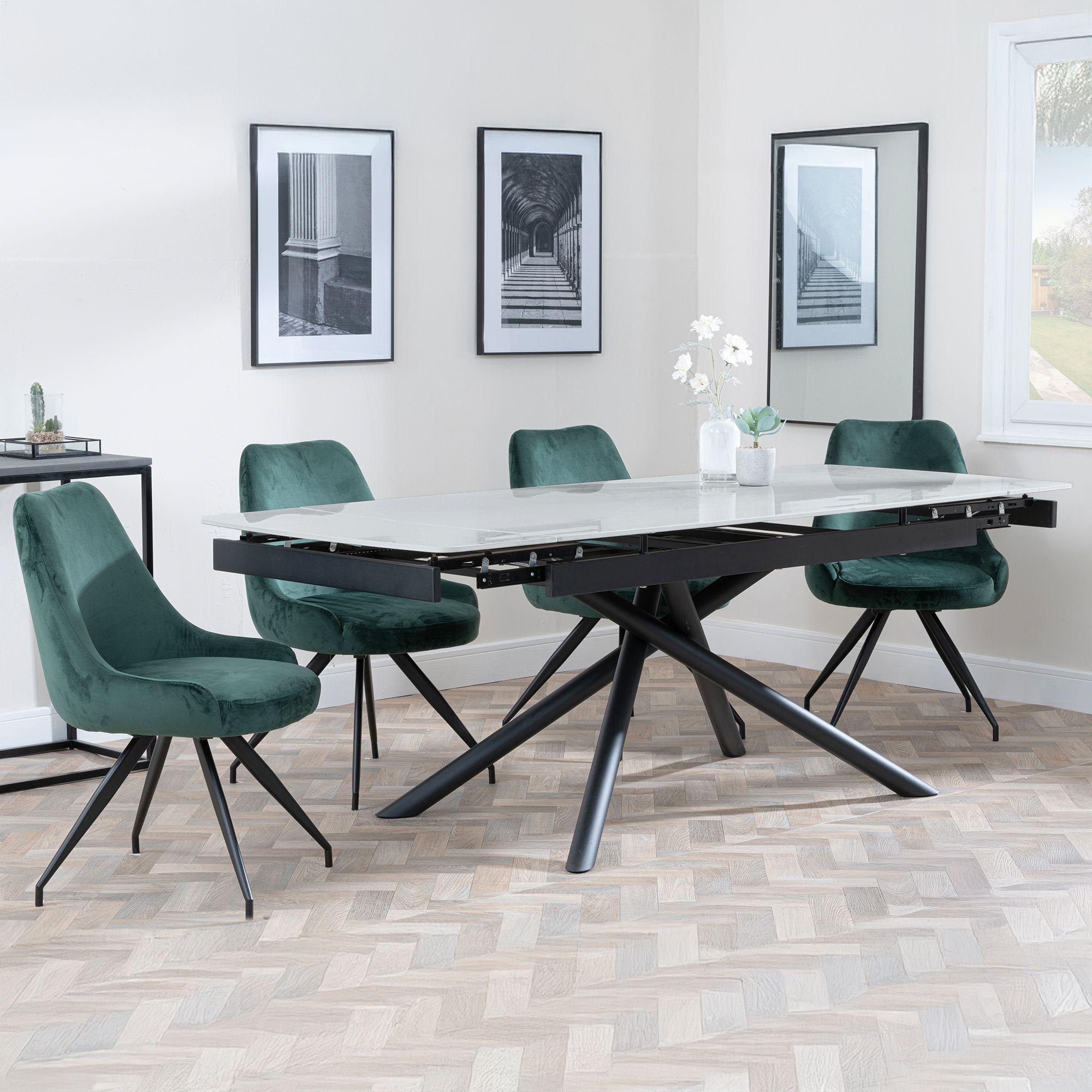 Apollo Grey Ceramic Extending Dining Set - Arctic Green Velvet Fabric Swivel Dining Chair