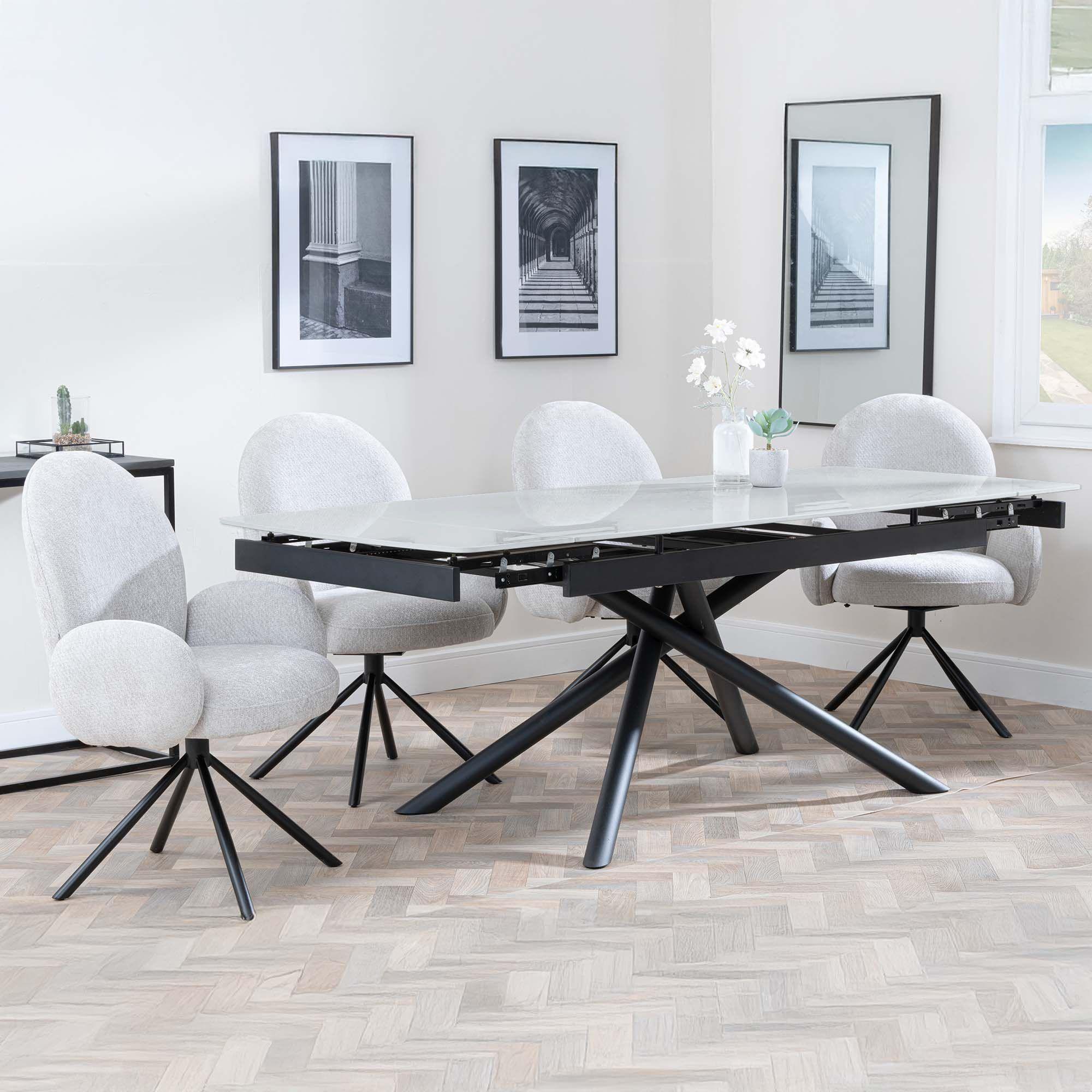 GET 2 CHAIRS FREE - Apollo Grey Ceramic Extending Dining Set - Theo Grey Fabric Swivel Dining Chair