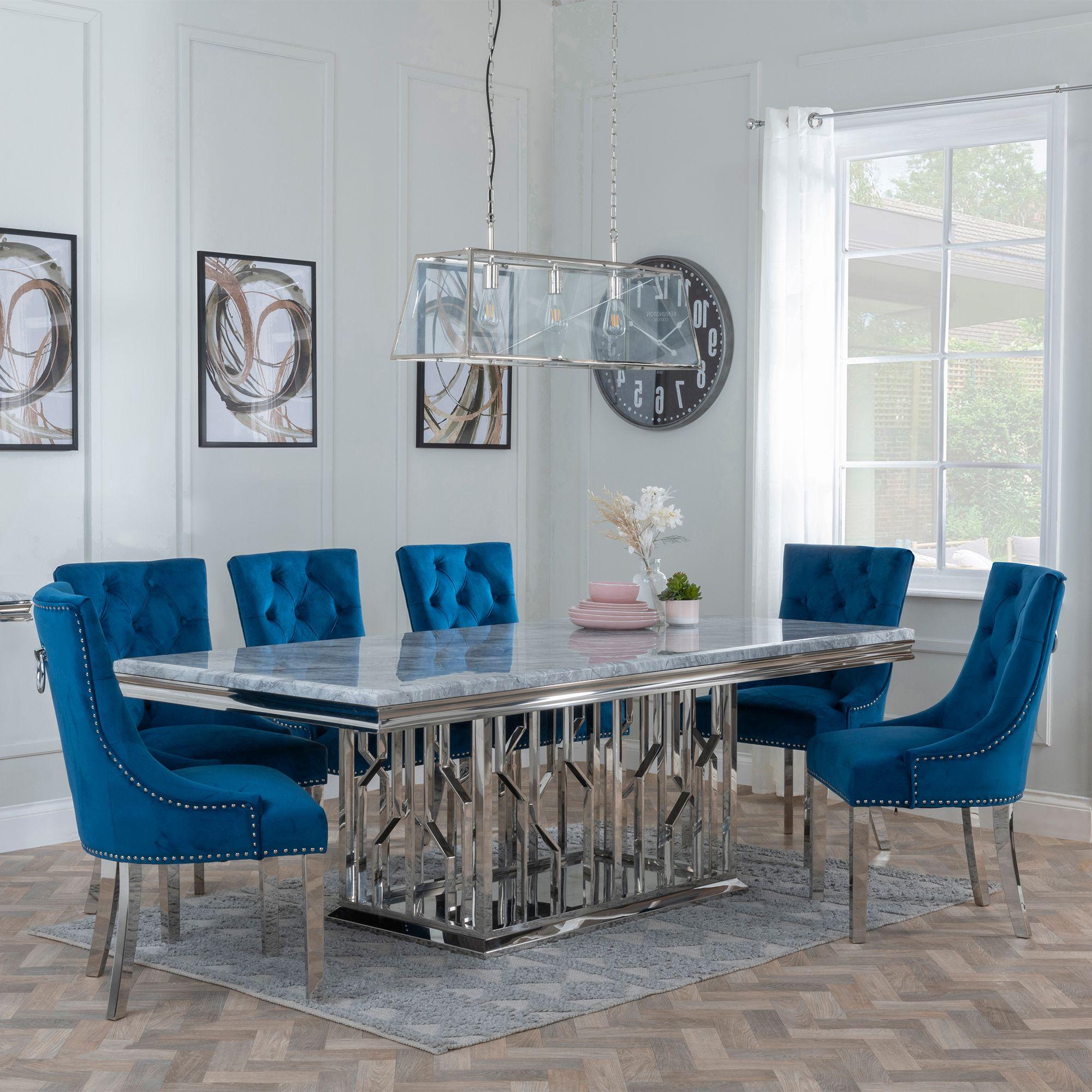GET 2 CHAIRS FREE - Vortex Grey Marble and Chrome Dining Set - Knocker Back Blue Velvet Fabric Dining Chair with Chrome Legs