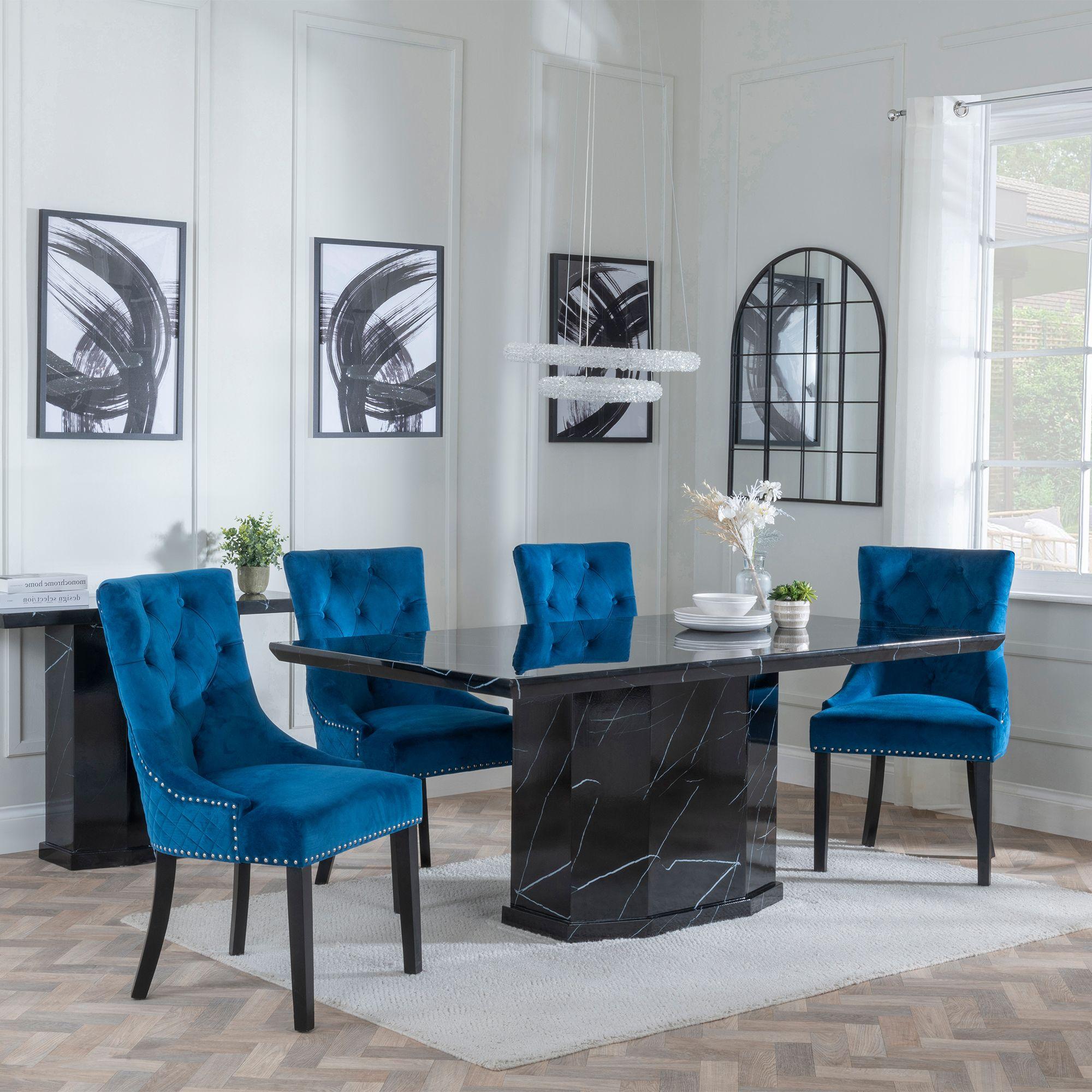 Naples Black Marble Dining Set - Lion Knocker Back Blue Velvet Fabric Dining Chair with Black Wooden Legs