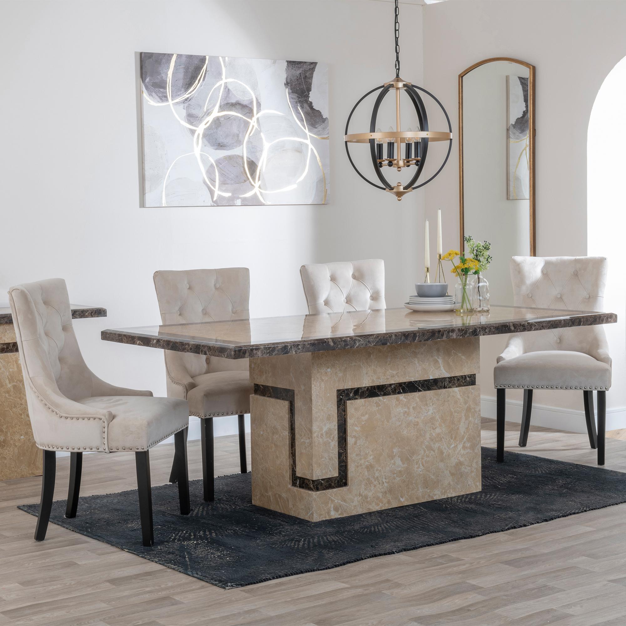 Venice Cream Marble Dining Set - Knocker Back Champagne Velvet Fabric Dining Chair with Black Wooden Legs