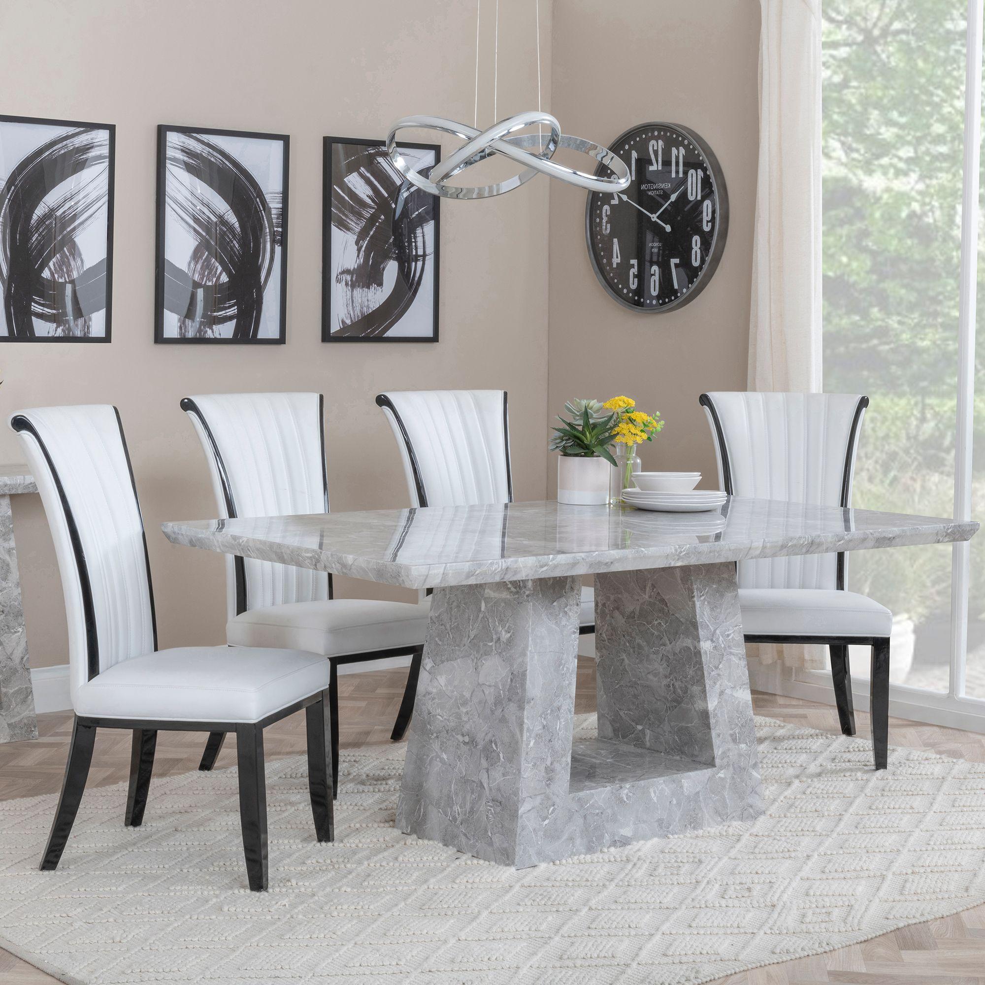 GET 2 CHAIRS FREE - Milan Grey Marble Dining Set - Cadiz White Leather Dining Chair
