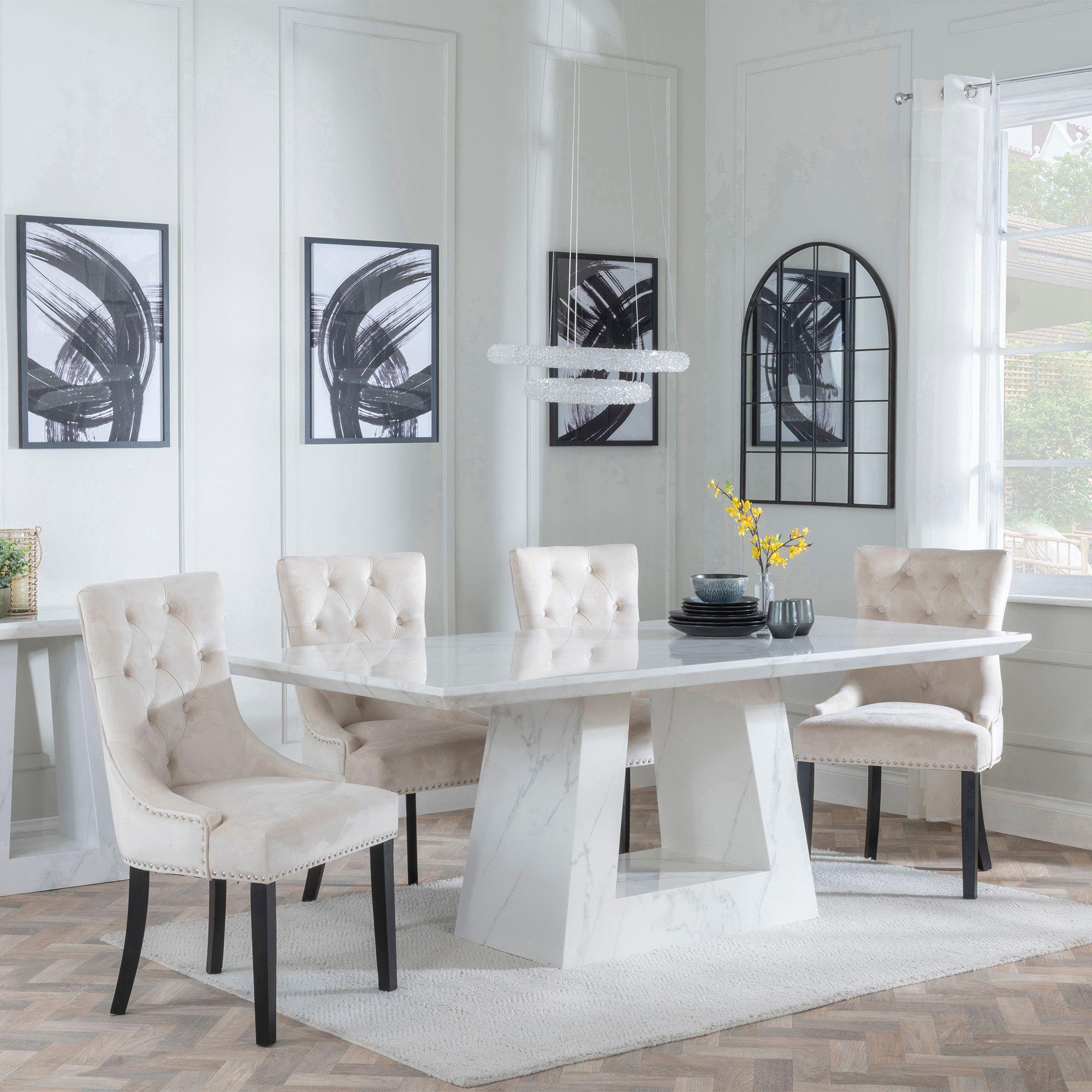 Milan White Marble Dining Set - Knocker Back Champagne Velvet Fabric Dining Chair with Black Wooden Legs