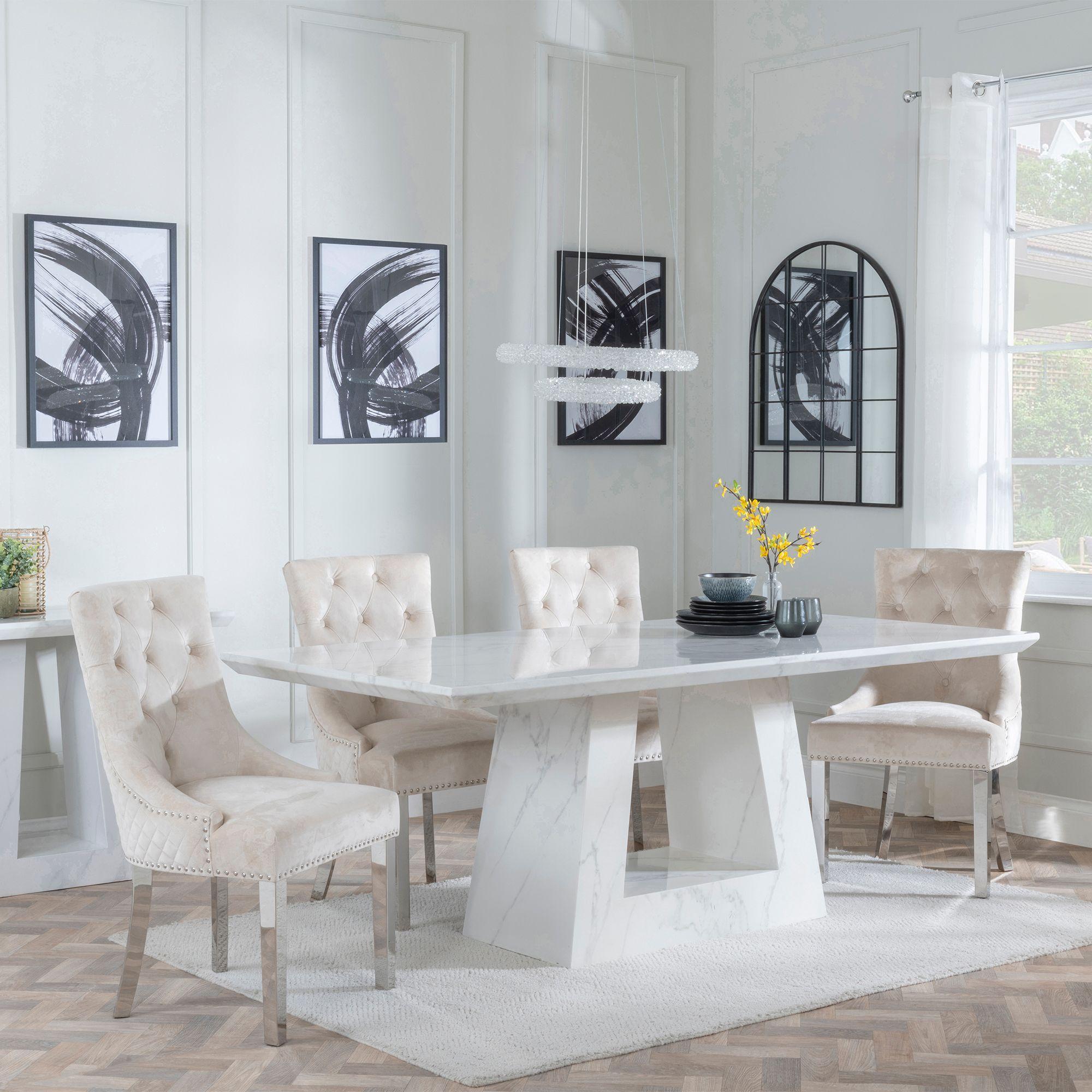 Milan White Marble Dining Set - Lion Knocker Back Champagne Velvet Fabric Dining Chair with Chrome Legs