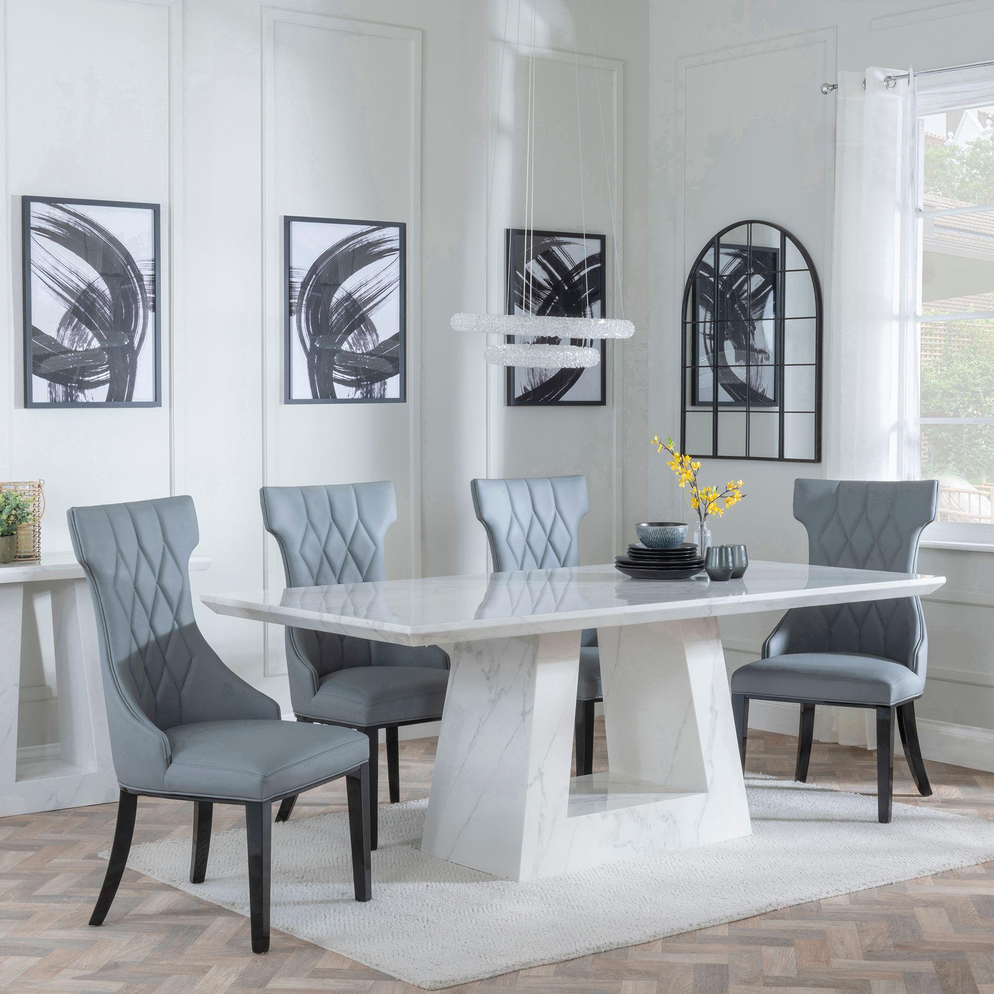 Milan White Marble Dining Set - Mimi Grey Leather Dining Chair