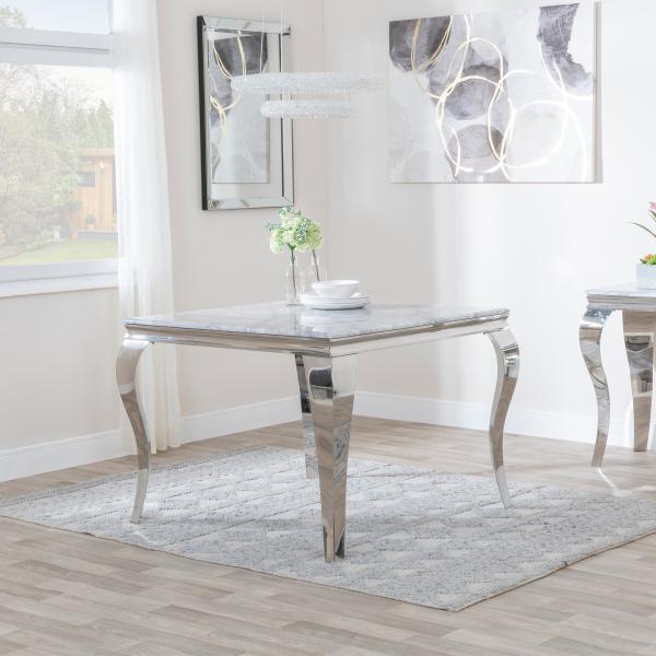 Louis 4 Seater Grey Marble and Chrome Square Dining Table