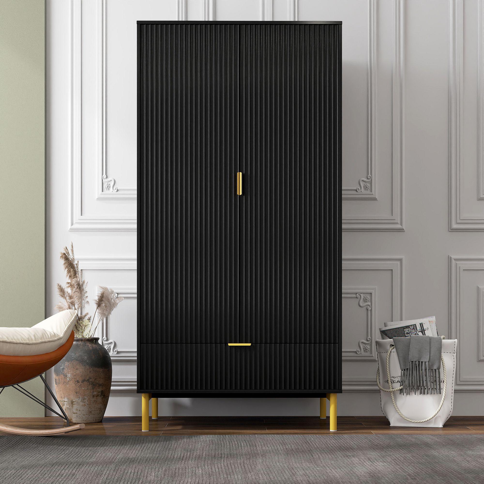 Ridged Black and Gold 2 Door 1 Drawer Wardrobe