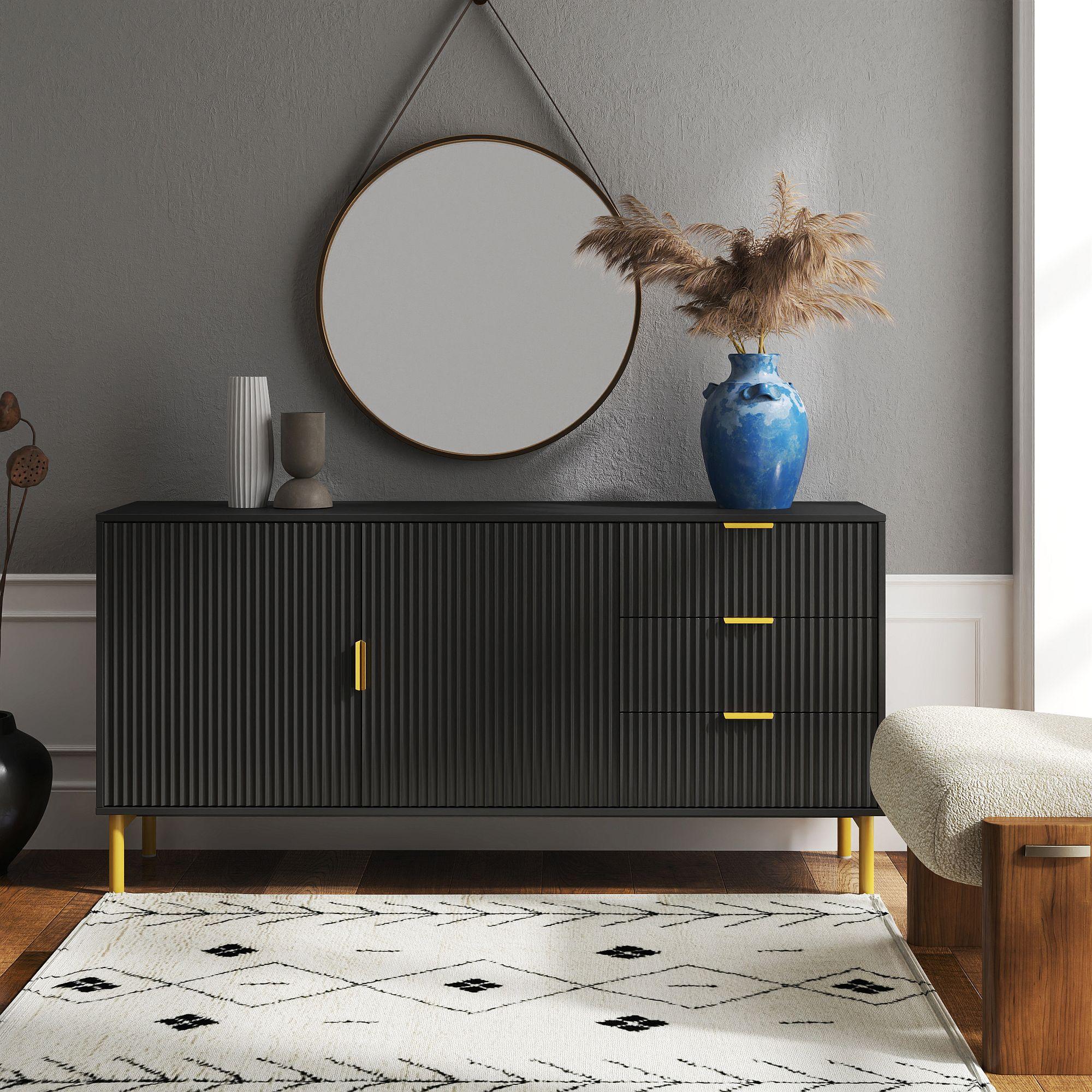 Ridged Black and Gold 2 Door Large Sideboard - 160cm