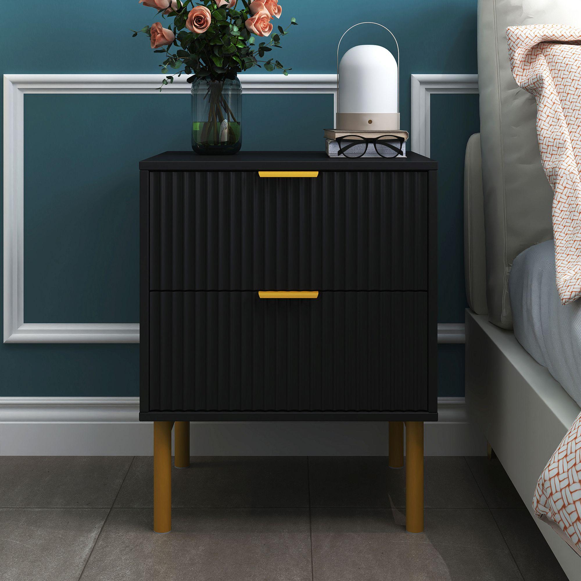 Ridged Black and Gold 2 Drawer Bedside Table