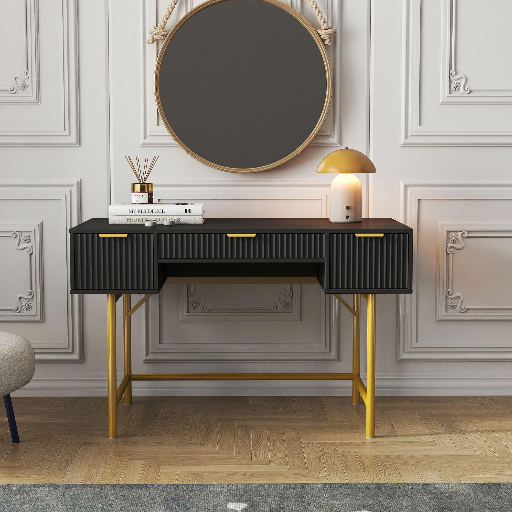 Ridged Black and Gold 3 Drawer Dressing Table