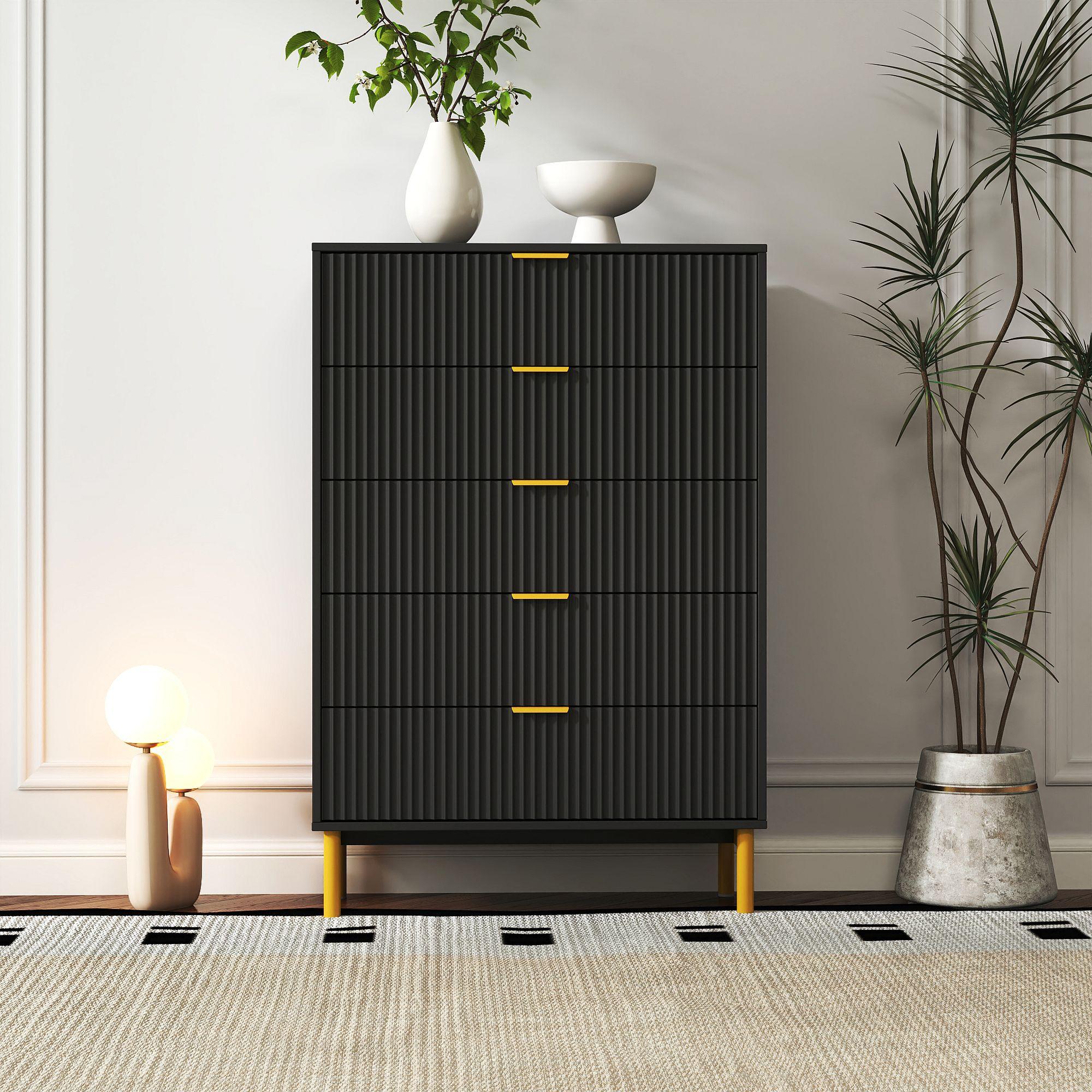 Ridged Black and Gold 5 Drawer Chest