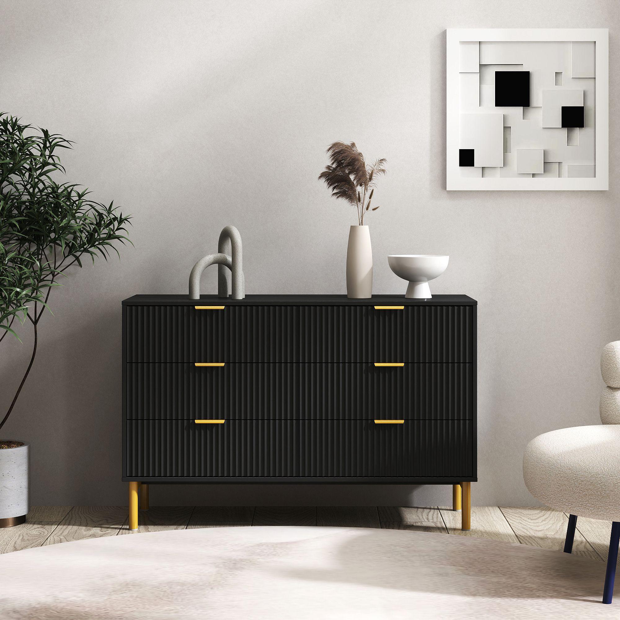 Ridged Black and Gold 6 Drawer Wide Chest