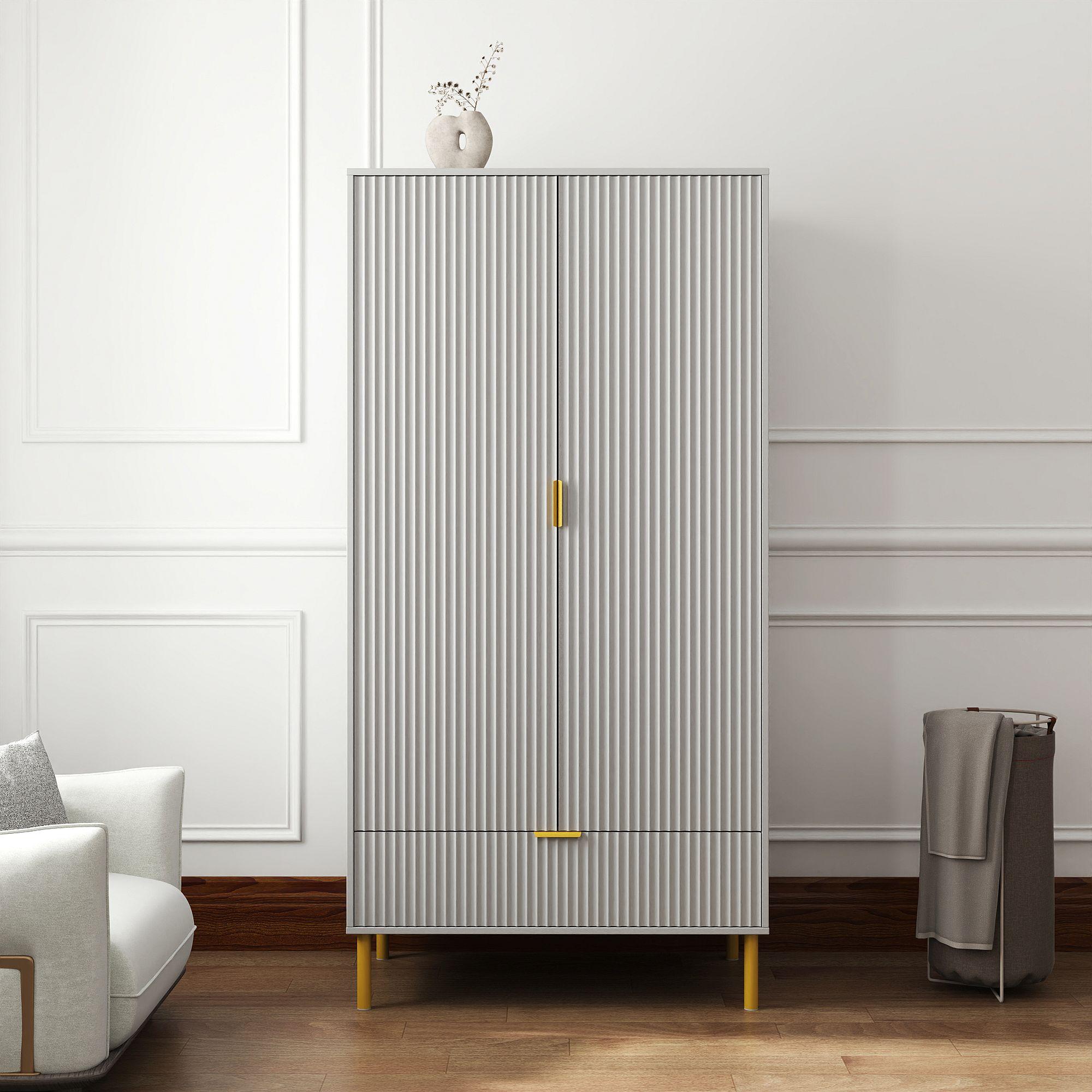 Ridged Grey and Gold 2 Door 1 Drawer Wardrobe