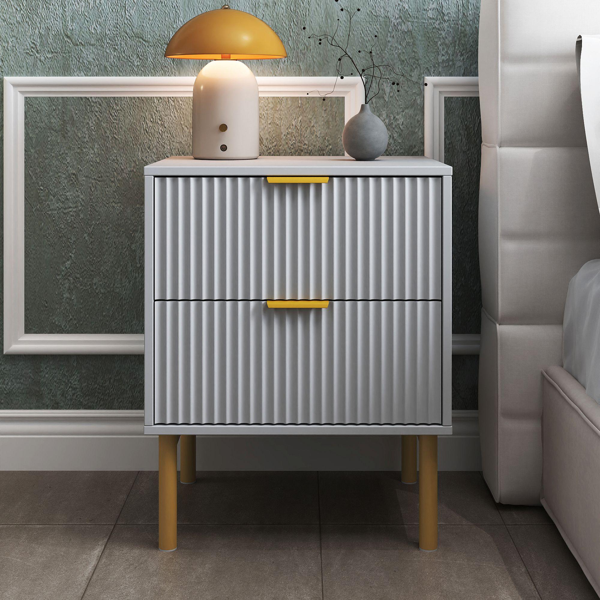 Ridged Grey and Gold 2 Drawer Bedside Table