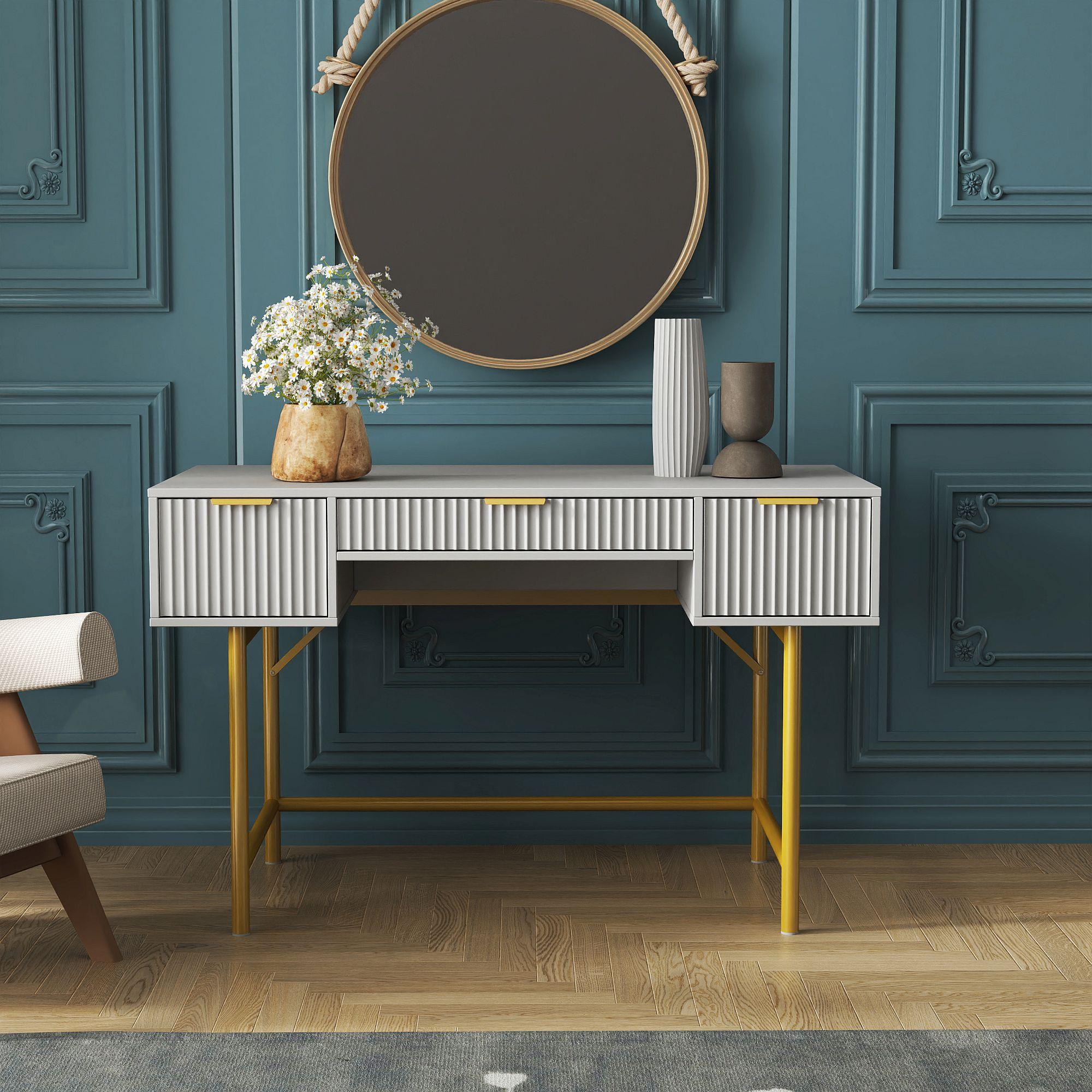 Ridged Grey and Gold 3 Drawer Dressing Table