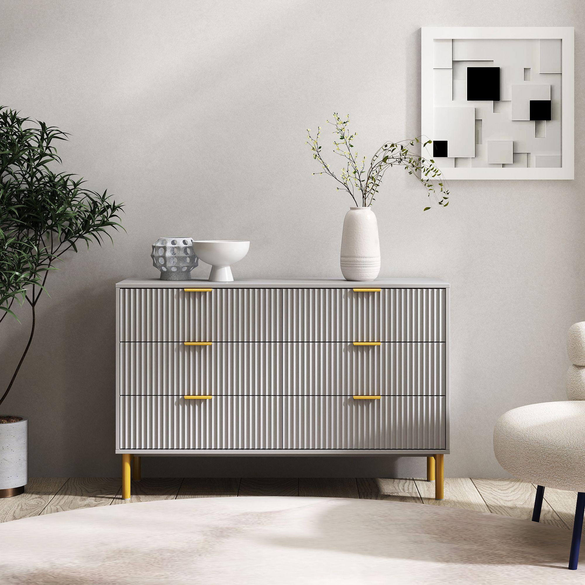 Clearance - Ridged Grey and Gold 6 Drawer Wide Chest