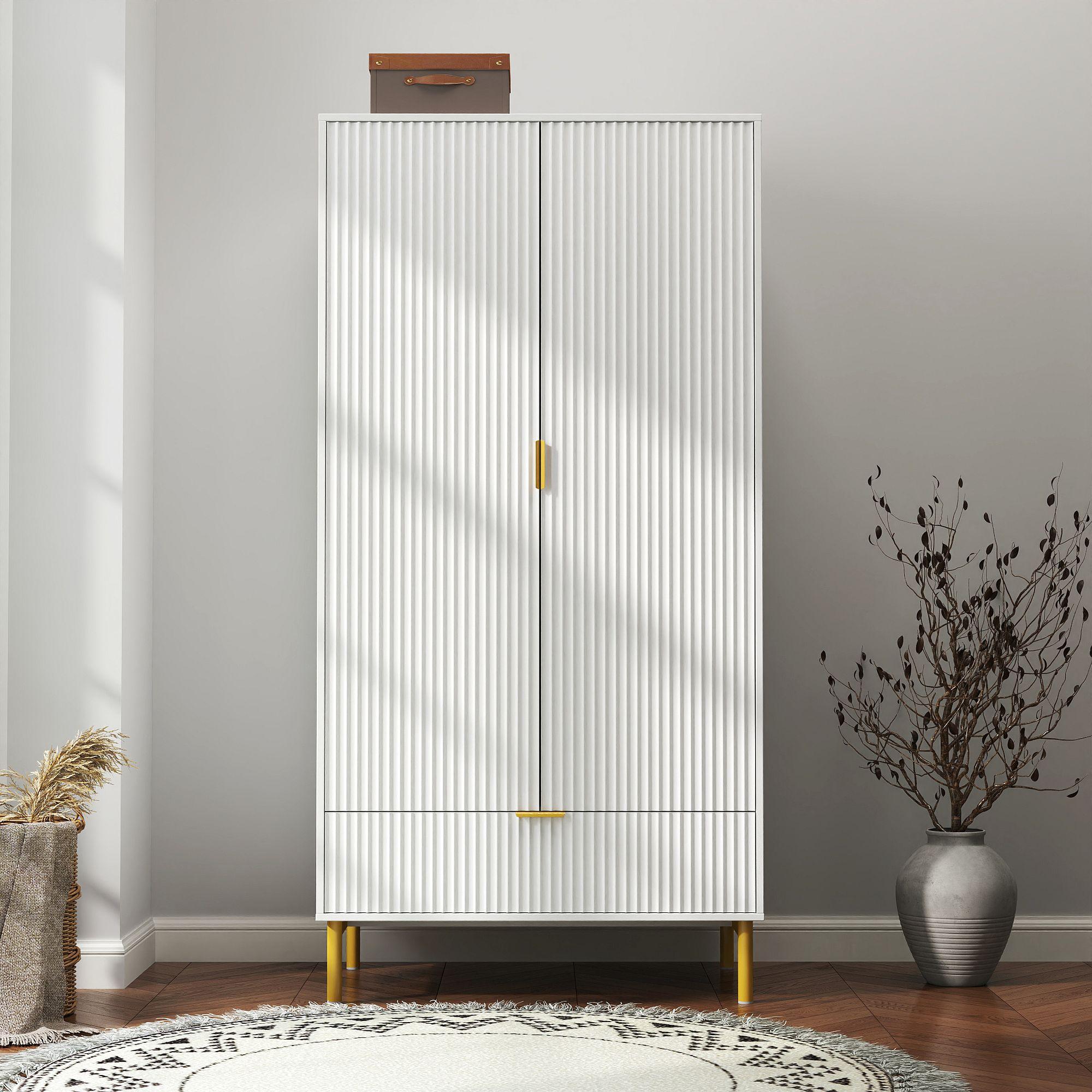 Ridged White and Gold 2 Door 1 Drawer Wardrobe