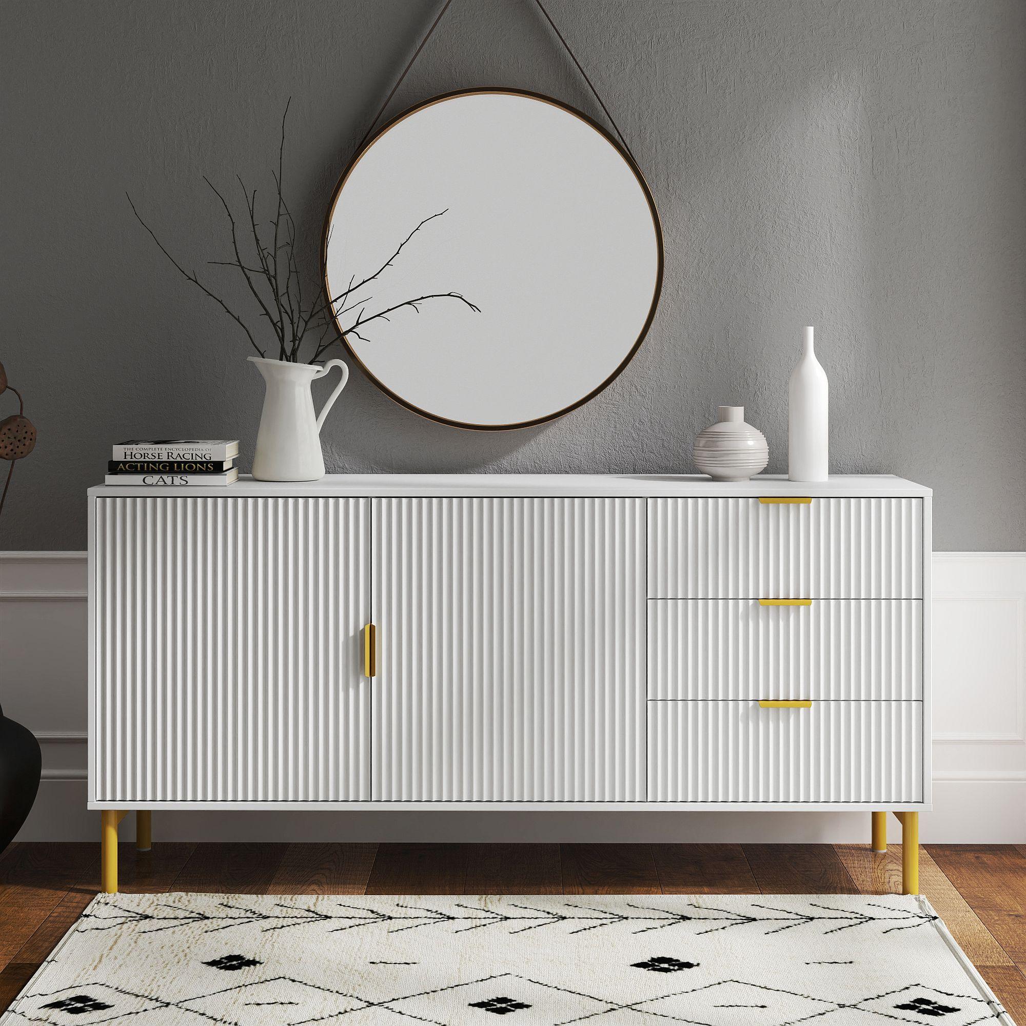 Ridged White and Gold 2 Door Large Sideboard - 160cm