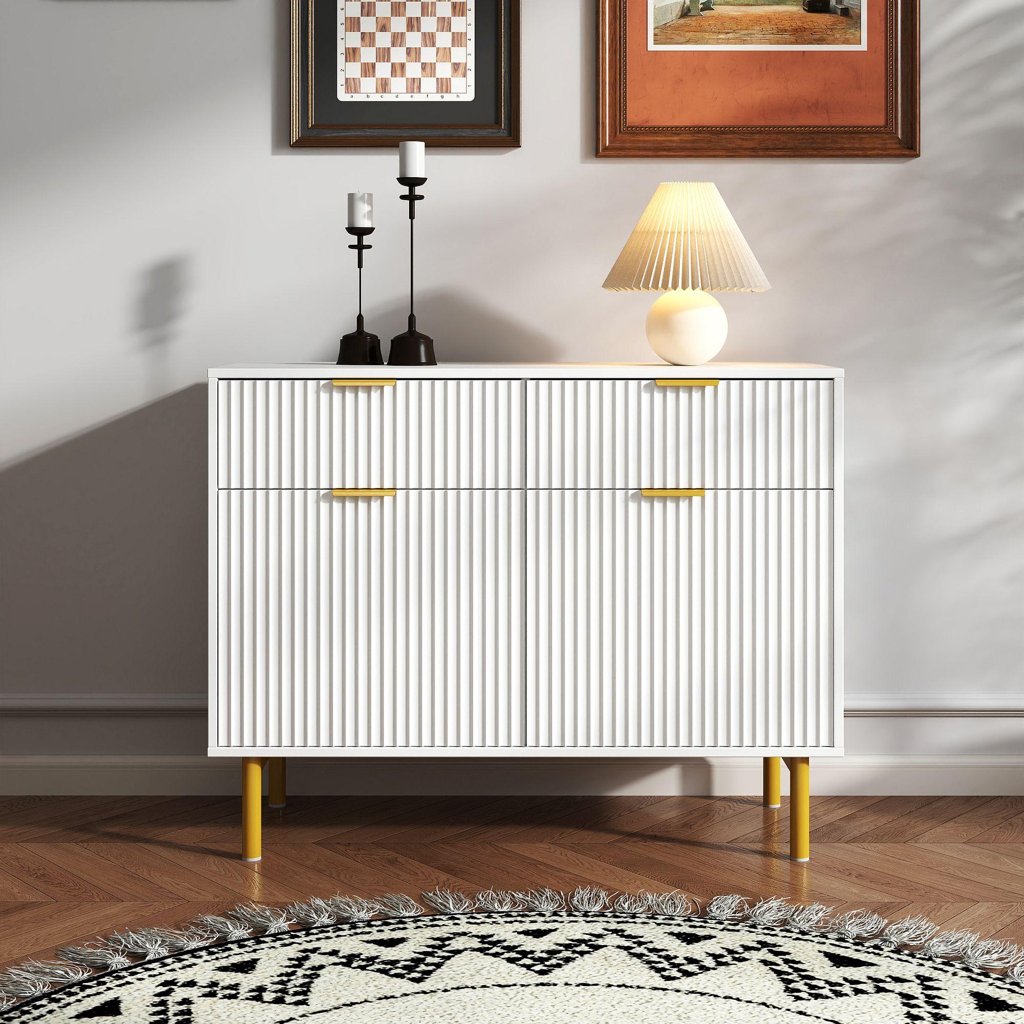 Ridged White and Gold 2 Door Medium Sideboard - 100cm