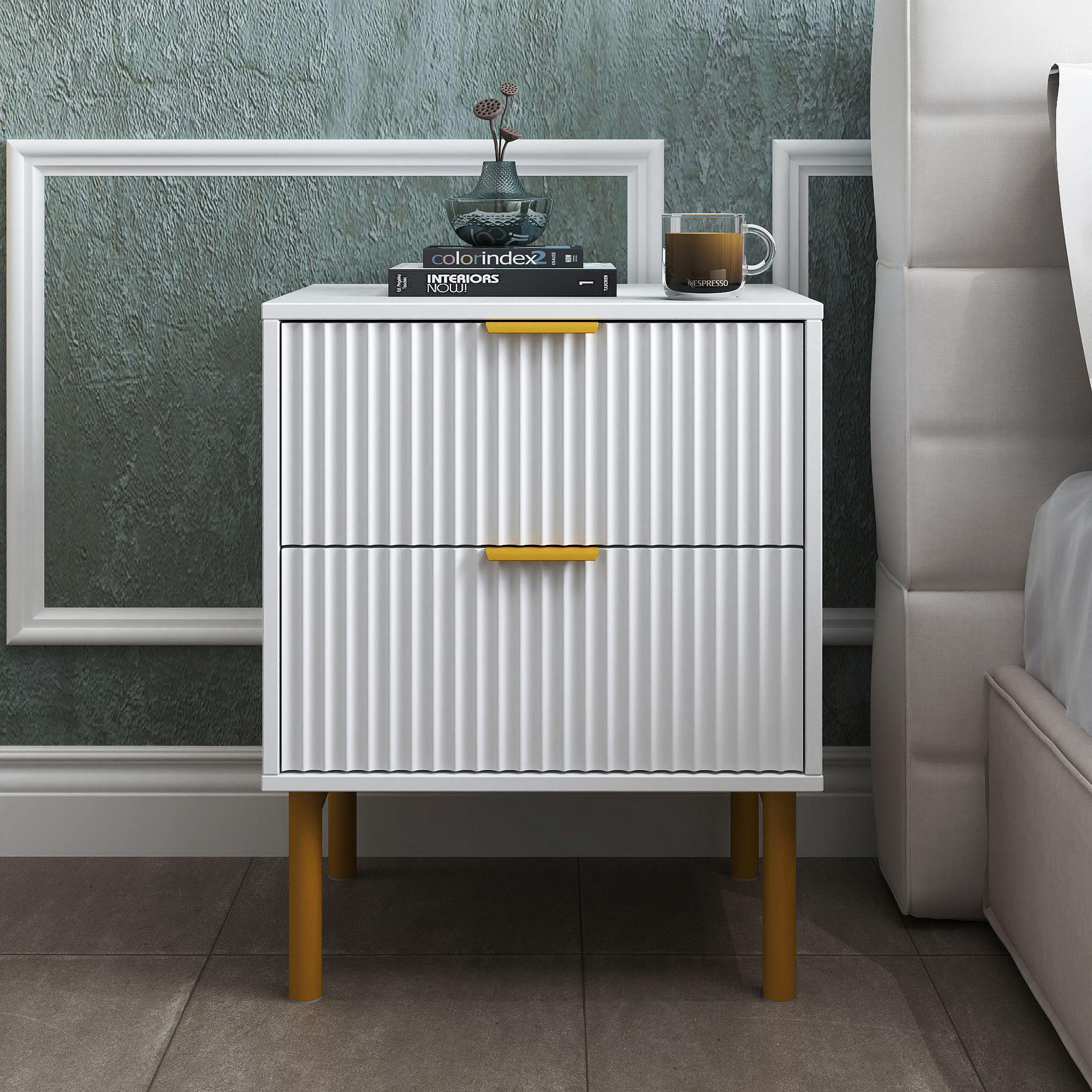 Ridged White and Gold 2 Drawer Bedside Table