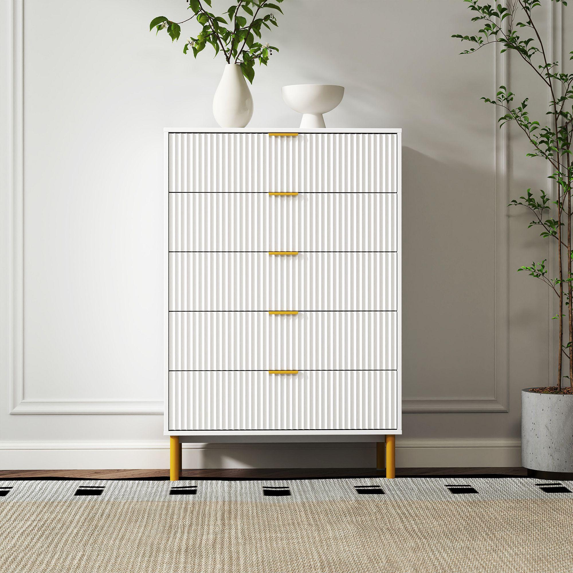 Clearance - Ridged White and Gold 5 Drawer Chest