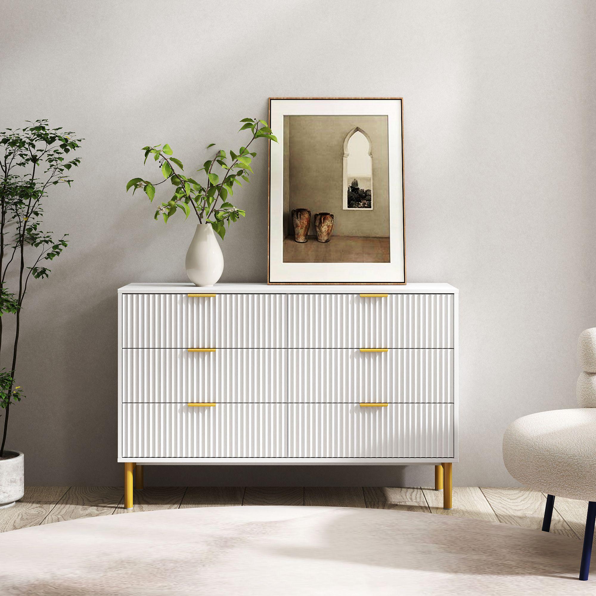 Clearance - Ridged White and Gold 6 Drawer Wide Chest