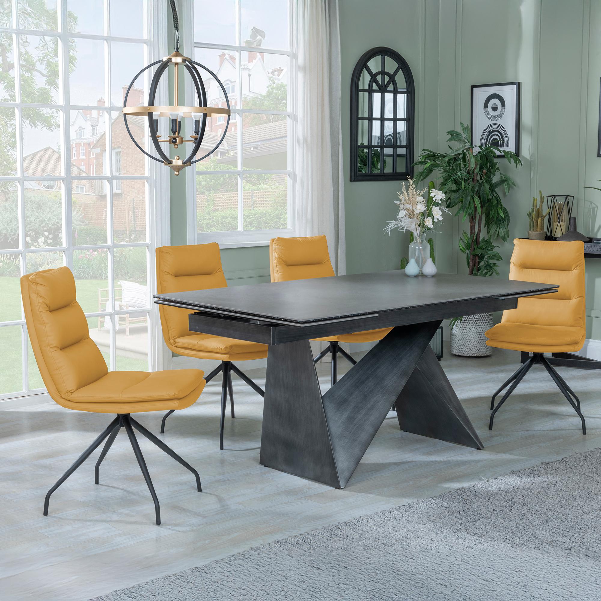 Garvin Dark Grey Ceramic Extending Dining Set - Diego Yellow Leather Swivel Dining Chair