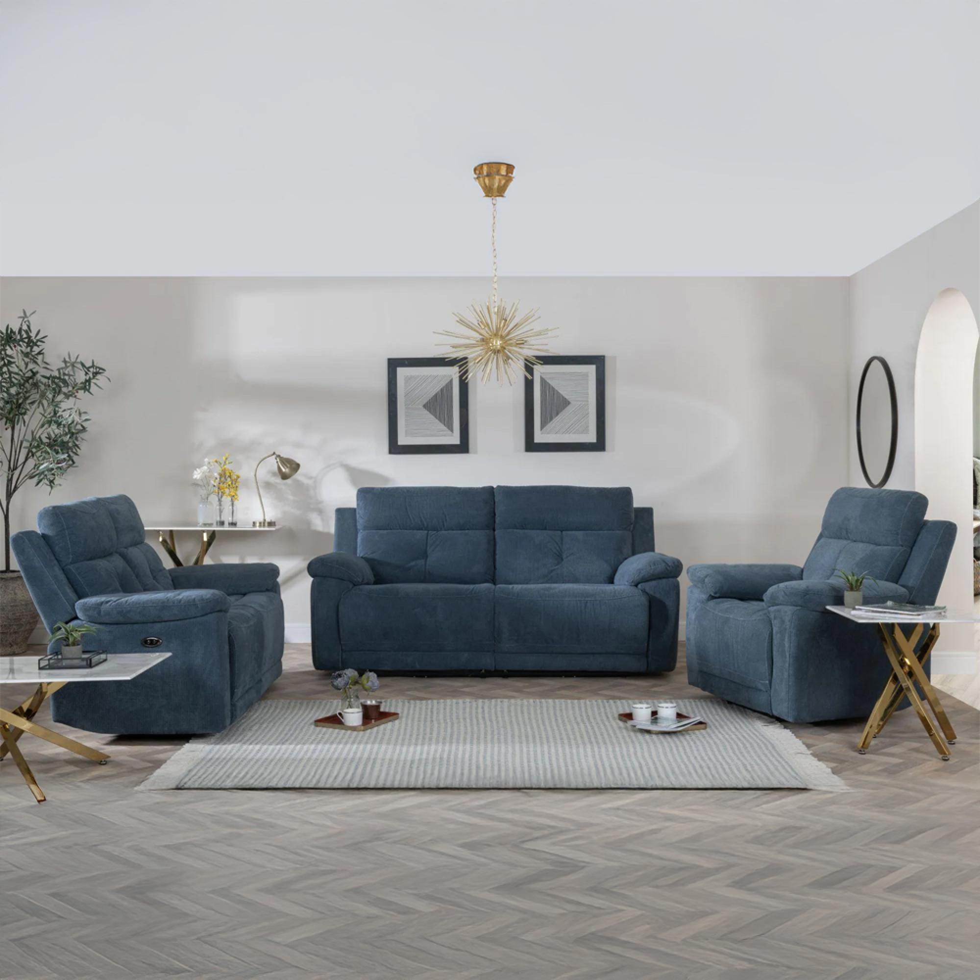 Augusta Ancona Blue Fabric Electric Recliner Sofa Set