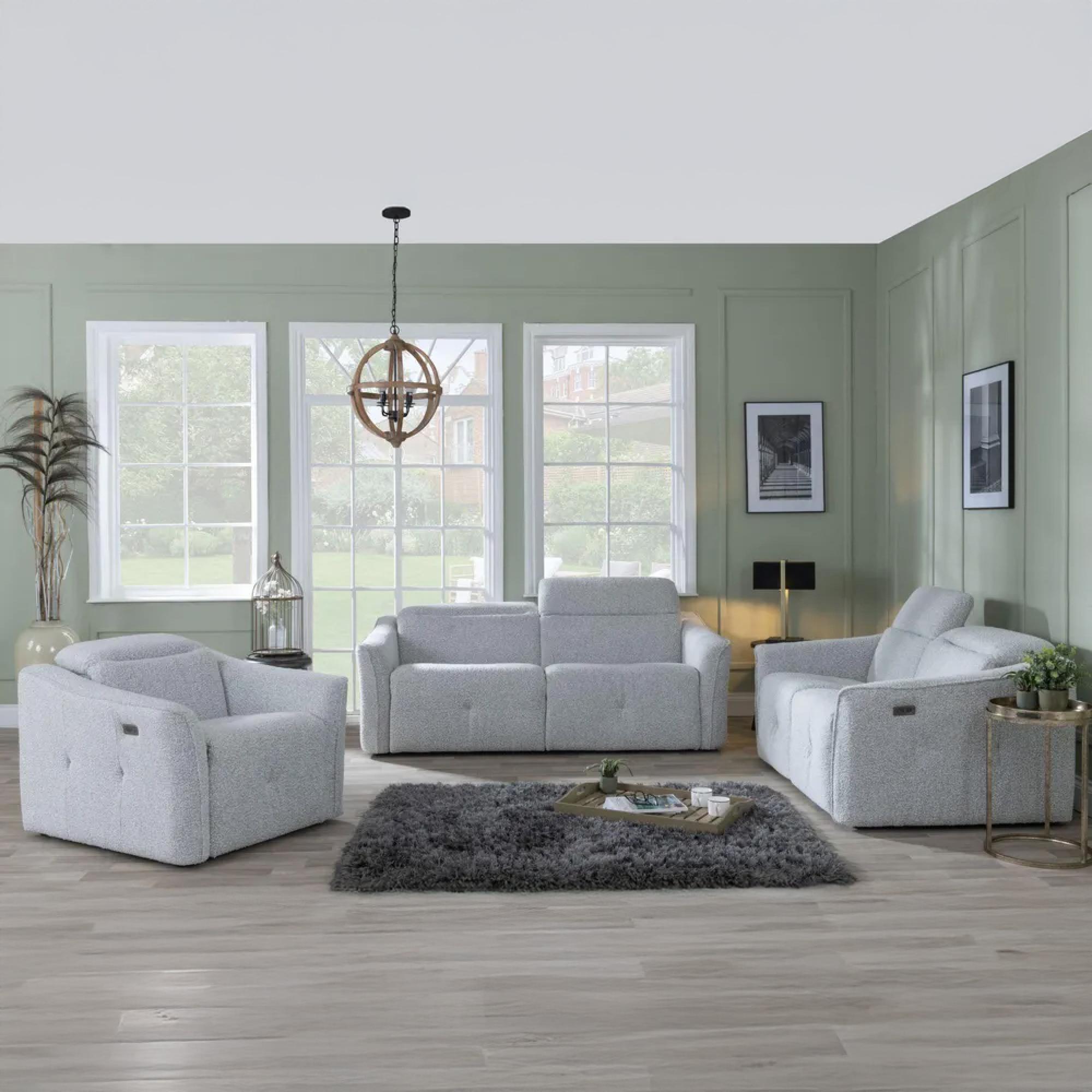 Clearance - Inca Light Grey Teddy Fabric Electric Recliner Sofa Set
