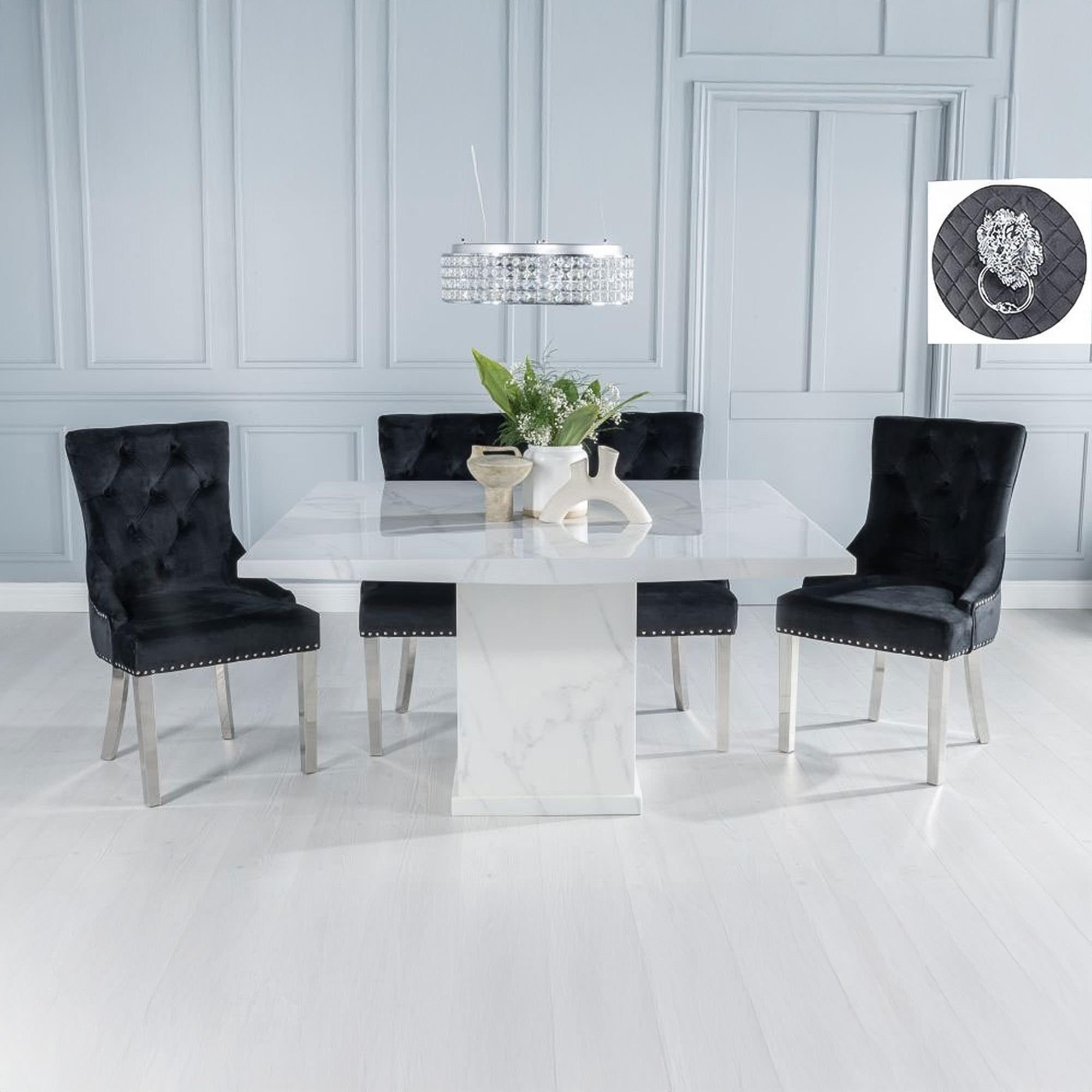 GET 2 CHAIRS FREE - Turin 140cm Square White Marble Dining Set - Black Fabric Lion Head Ring Back Dining Chair with Chrome Legs