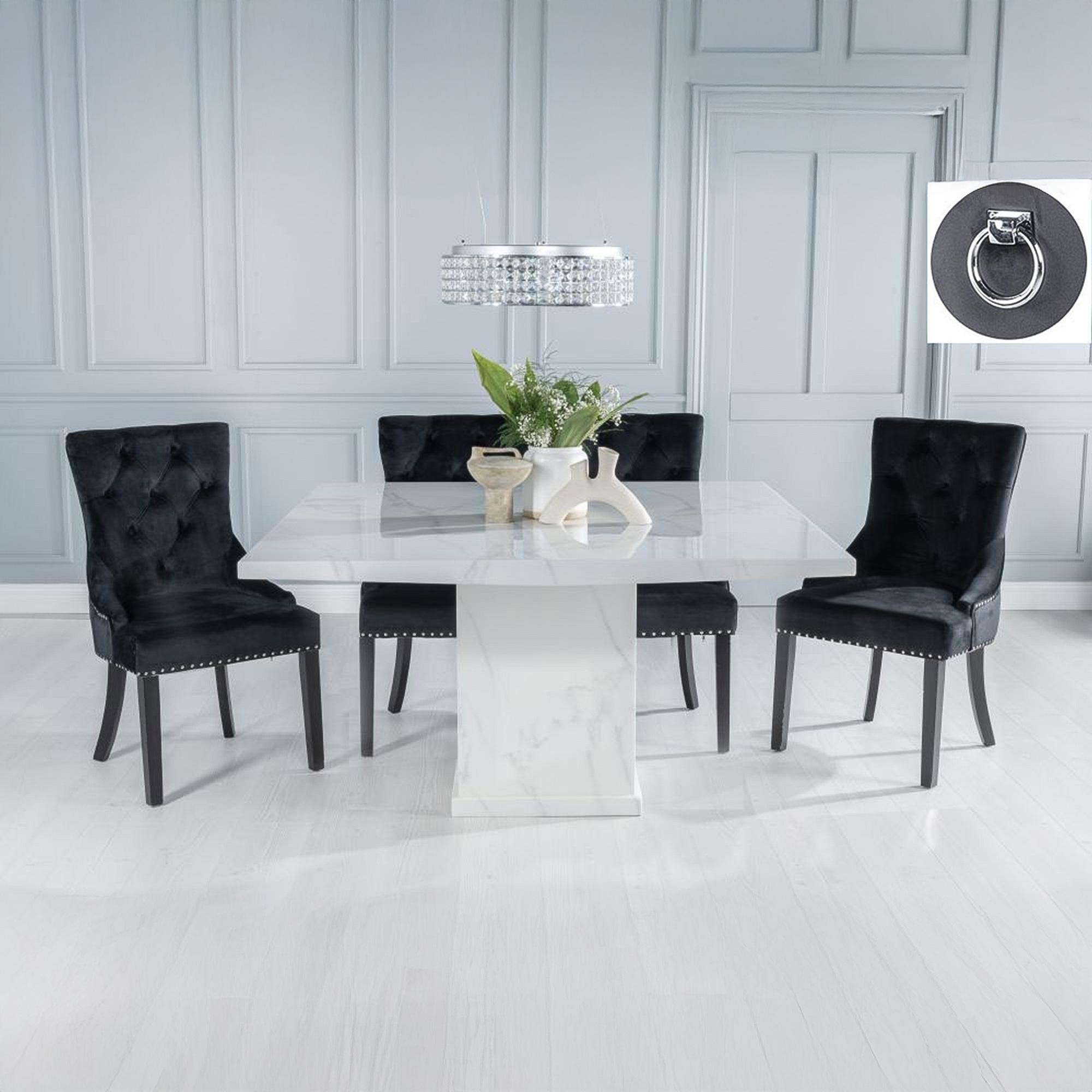 GET 2 CHAIRS FREE - Turin 140cm Square White Marble Dining Set - Black Fabric Knocker Back Dining Chair with Black Legs