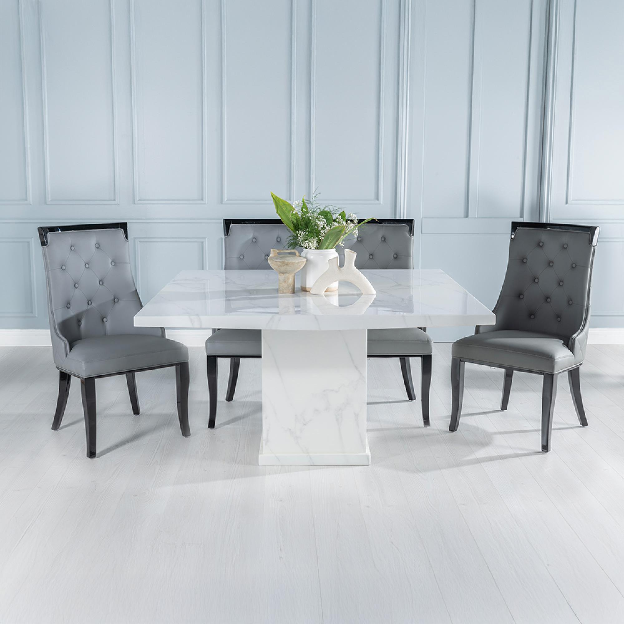 GET 2 CHAIRS FREE - Turin 140cm Square White Marble Dining Set - Carmela Grey Faux Leather Chair