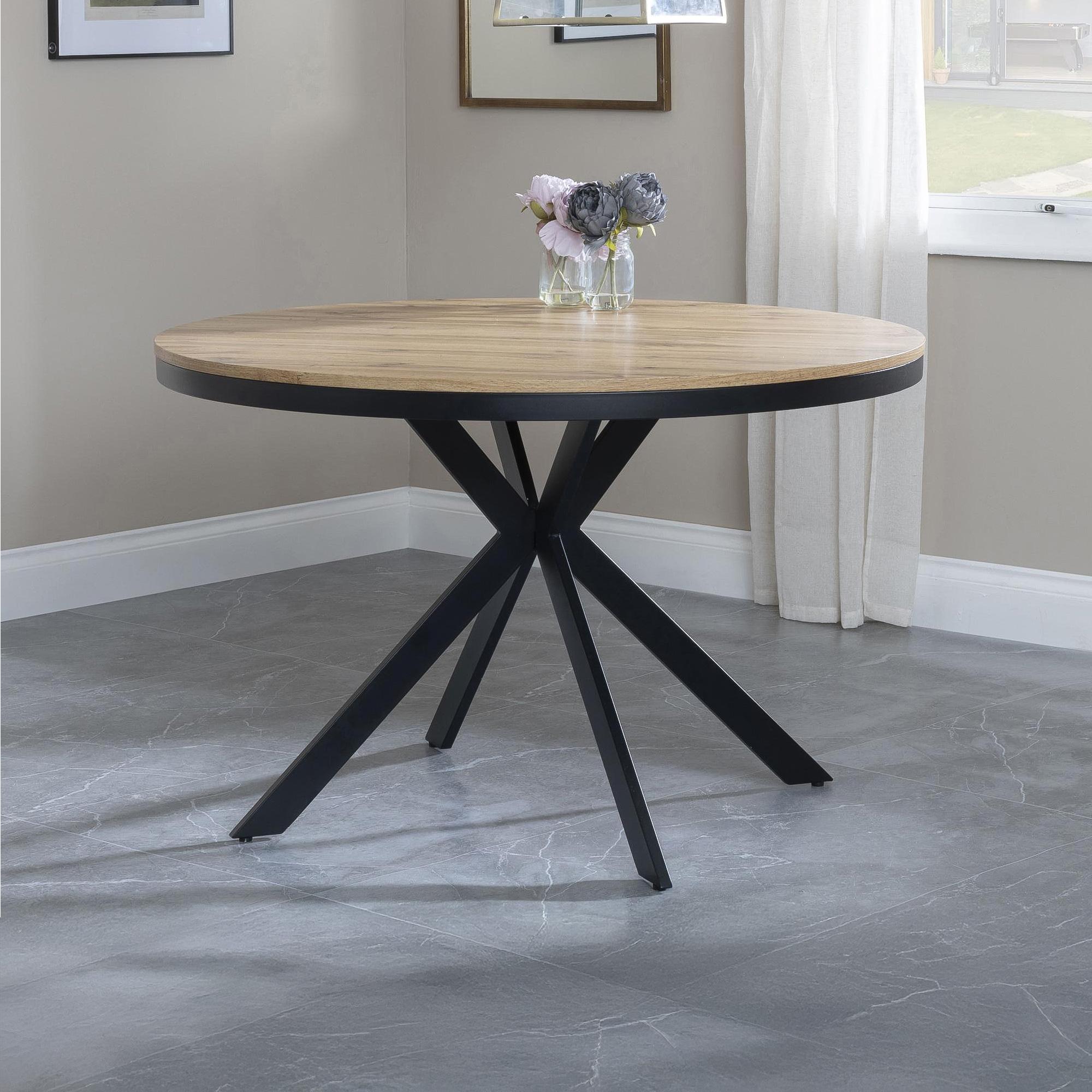 Ezra Oak 4 Seater Round Dining Table with Black Spider Legs