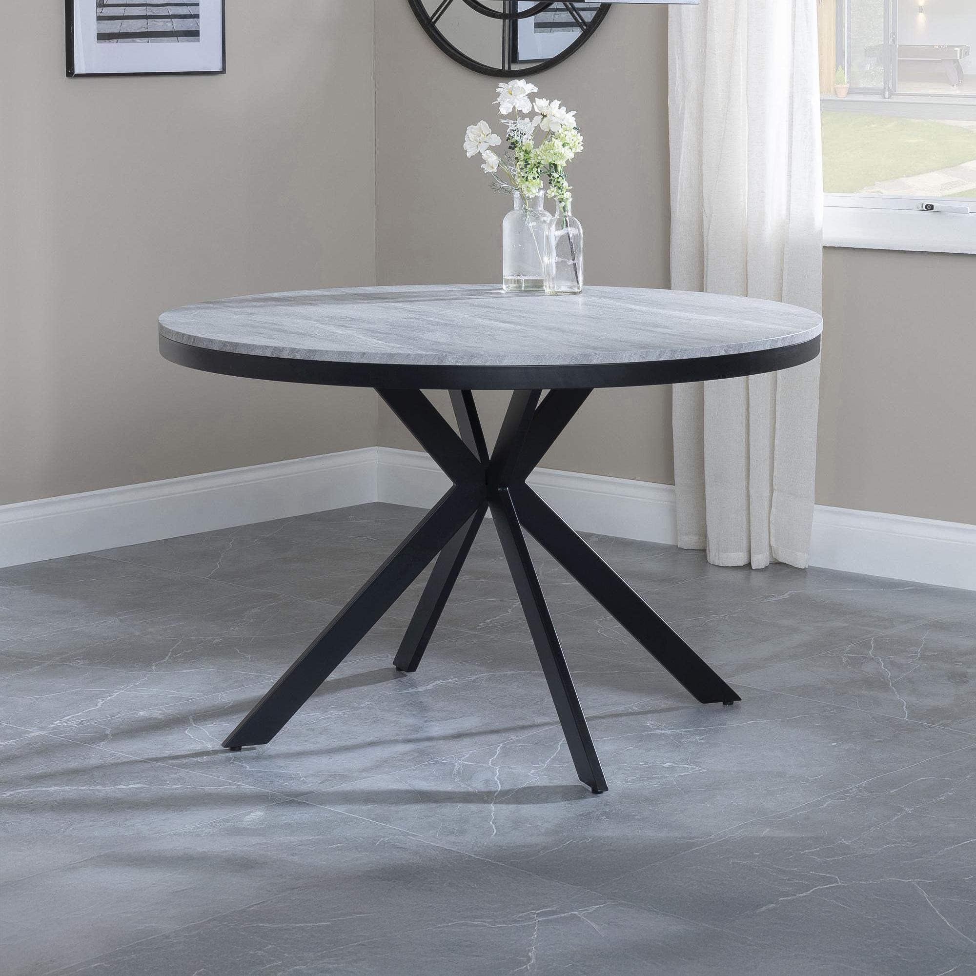 Ezra 4 Seater Grey Concrete Effect Round Dining Table with Black Spider Legs - 120cm