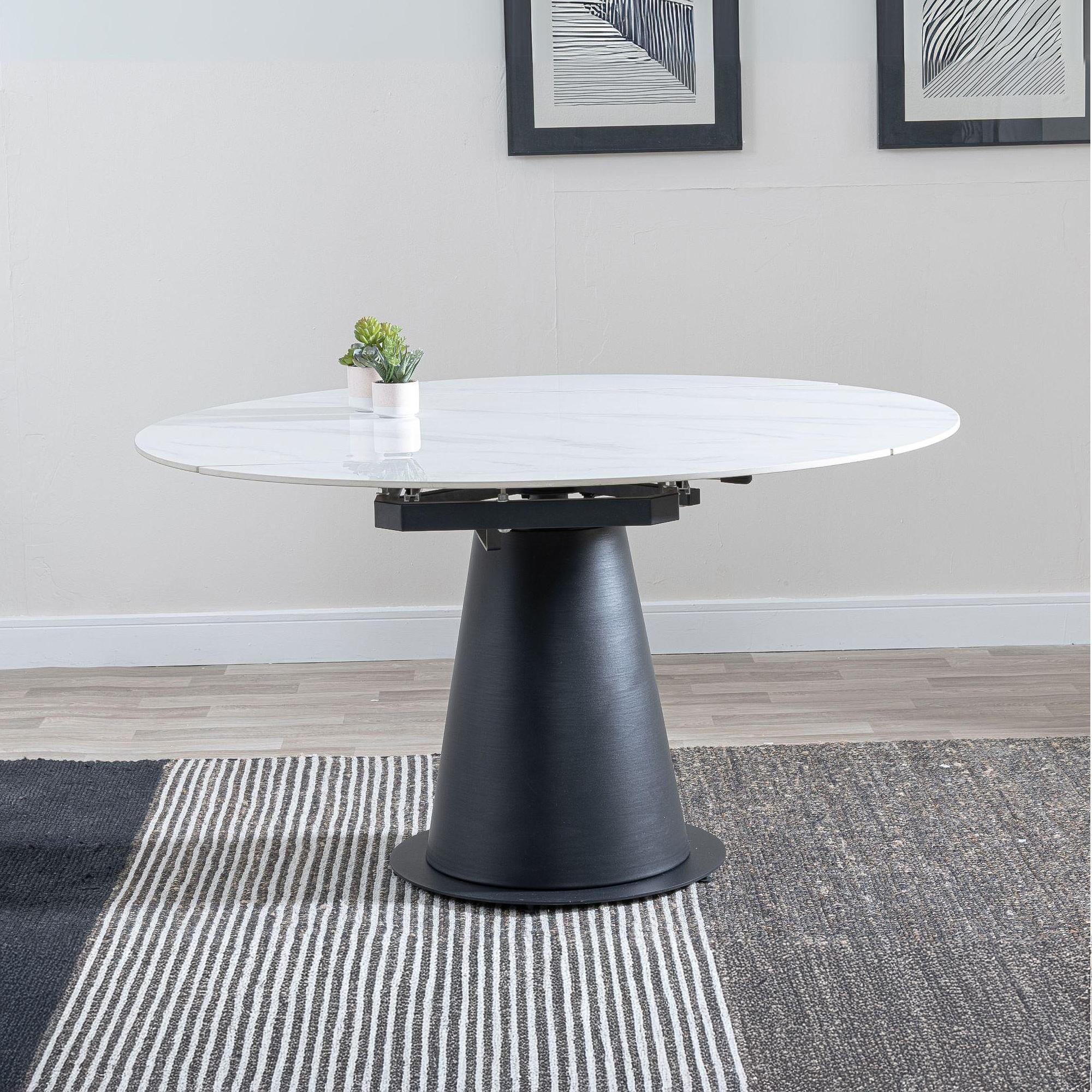 Carrara 4 Seater White Ceramic Round Motion Extending Dining Table with Black Pedestal Base - 135cm