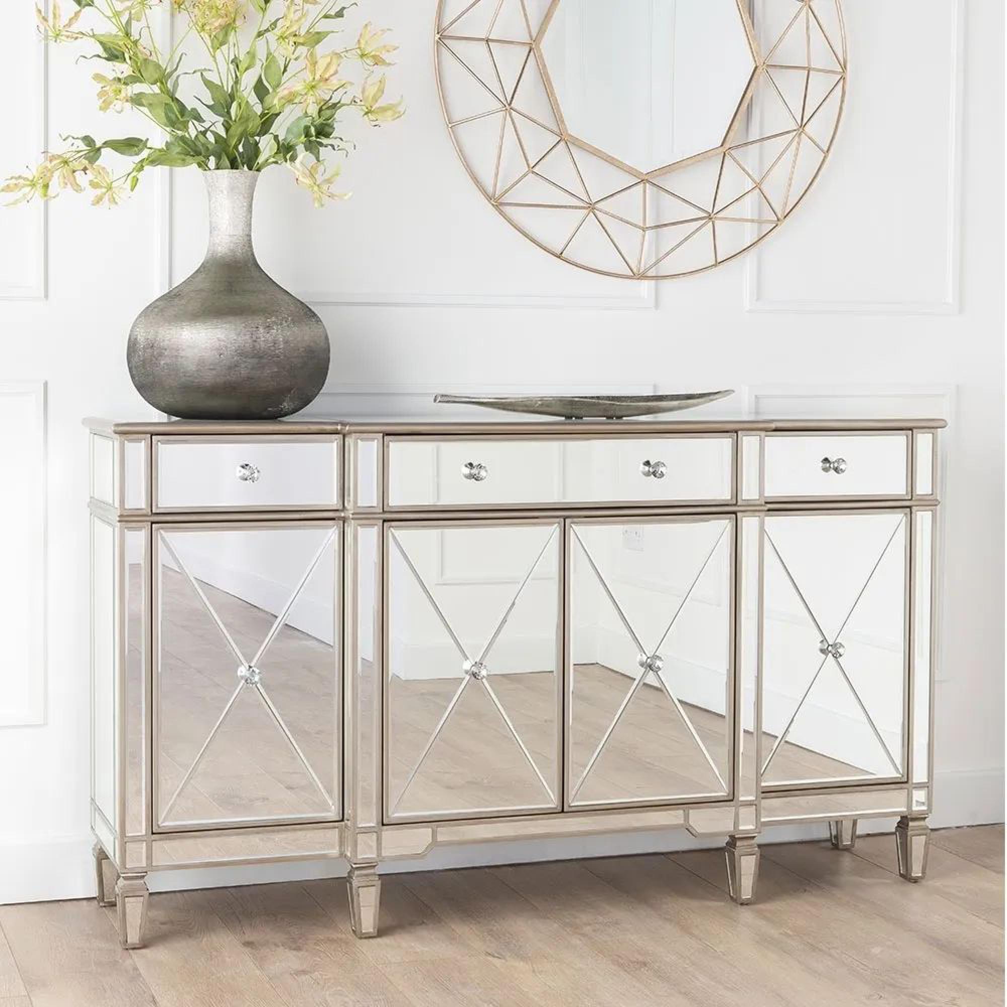 Antoinette Mirrored Champagne Trim Large Sideboard - 4 Doors