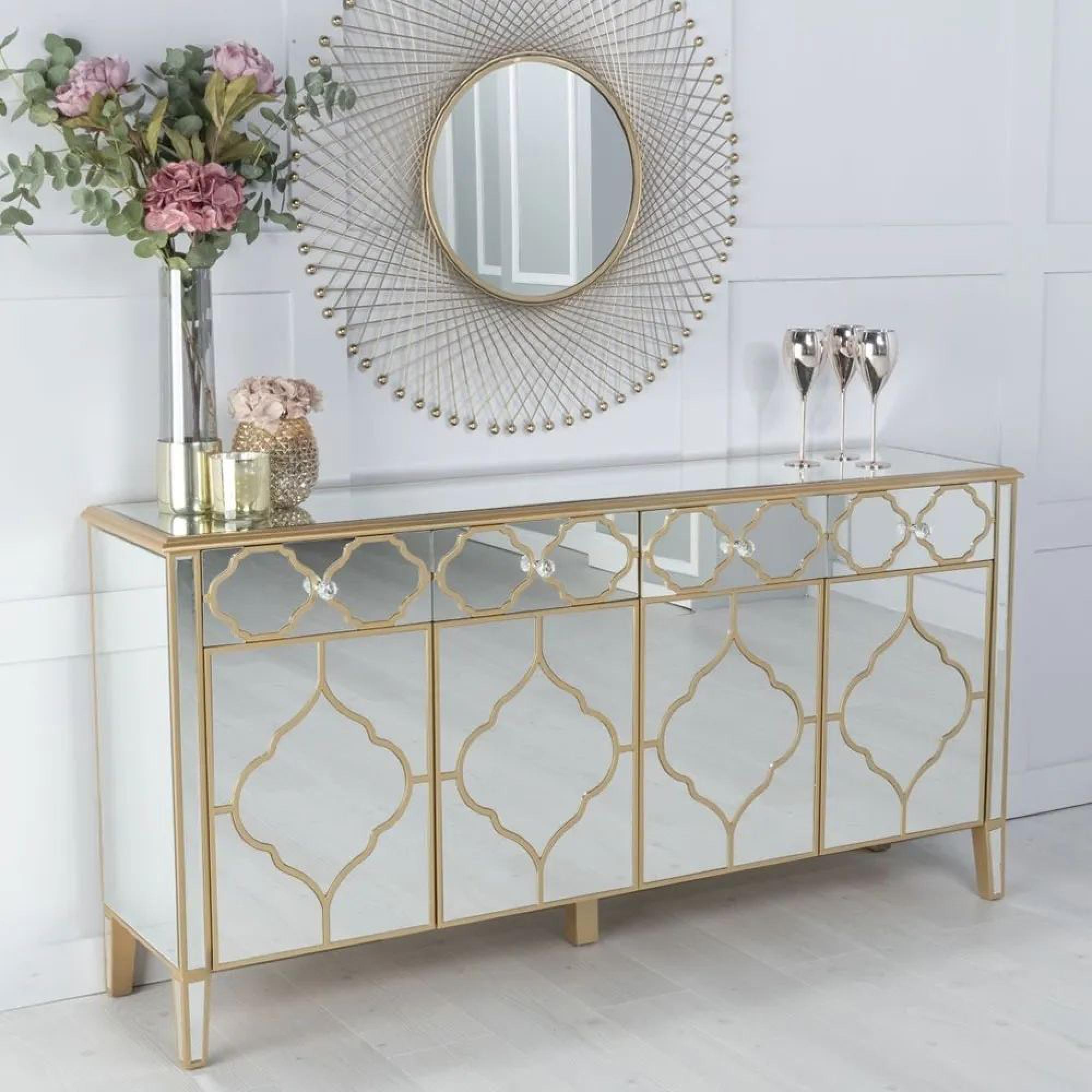 Casablanca Mirrored Gold Trim Large Sideboard - 4 Doors