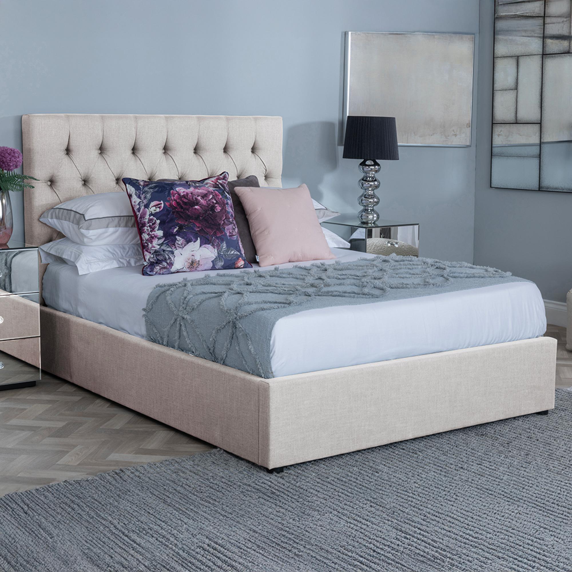 Sandra Oatmeal Fabric Ottoman Storage Bed
