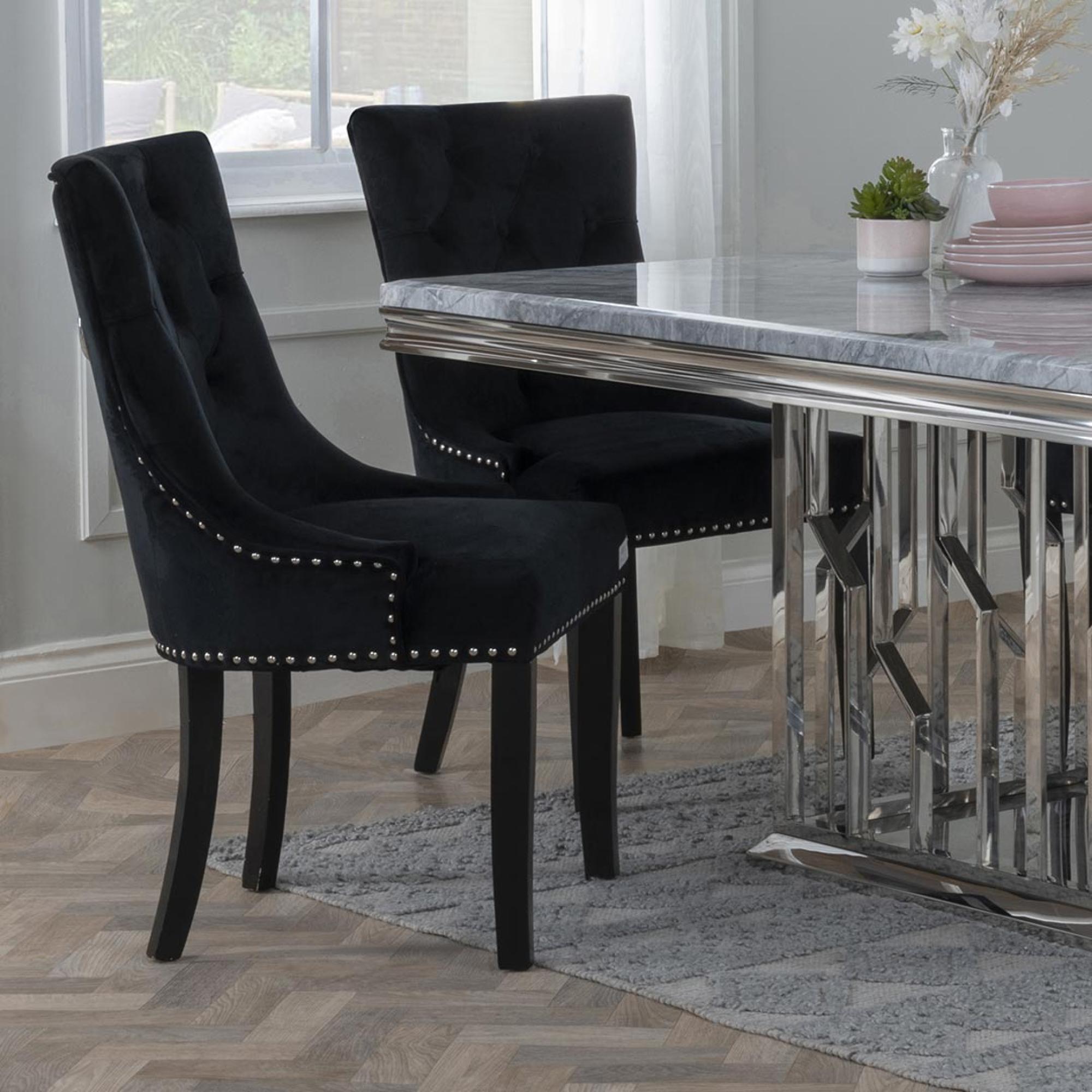Knocker Back Black Velvet Fabric Dining Chair with Black Wooden Legs