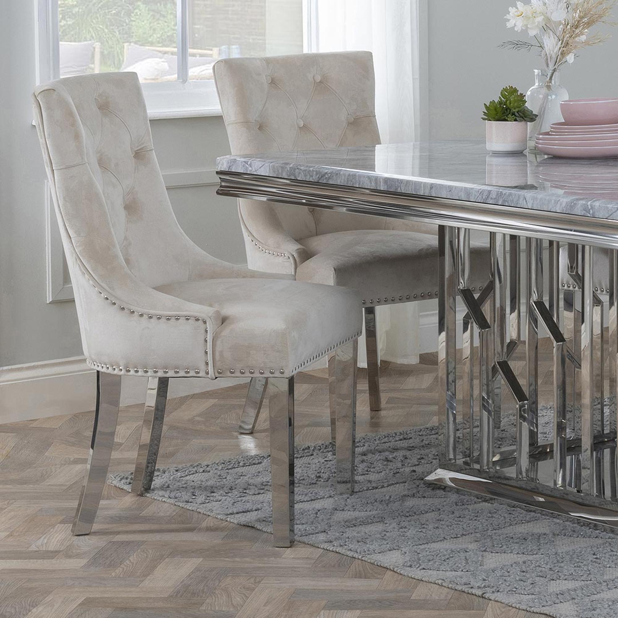 Knocker Back Champagne Dining Chair Velvet Fabric with Chrome Legs