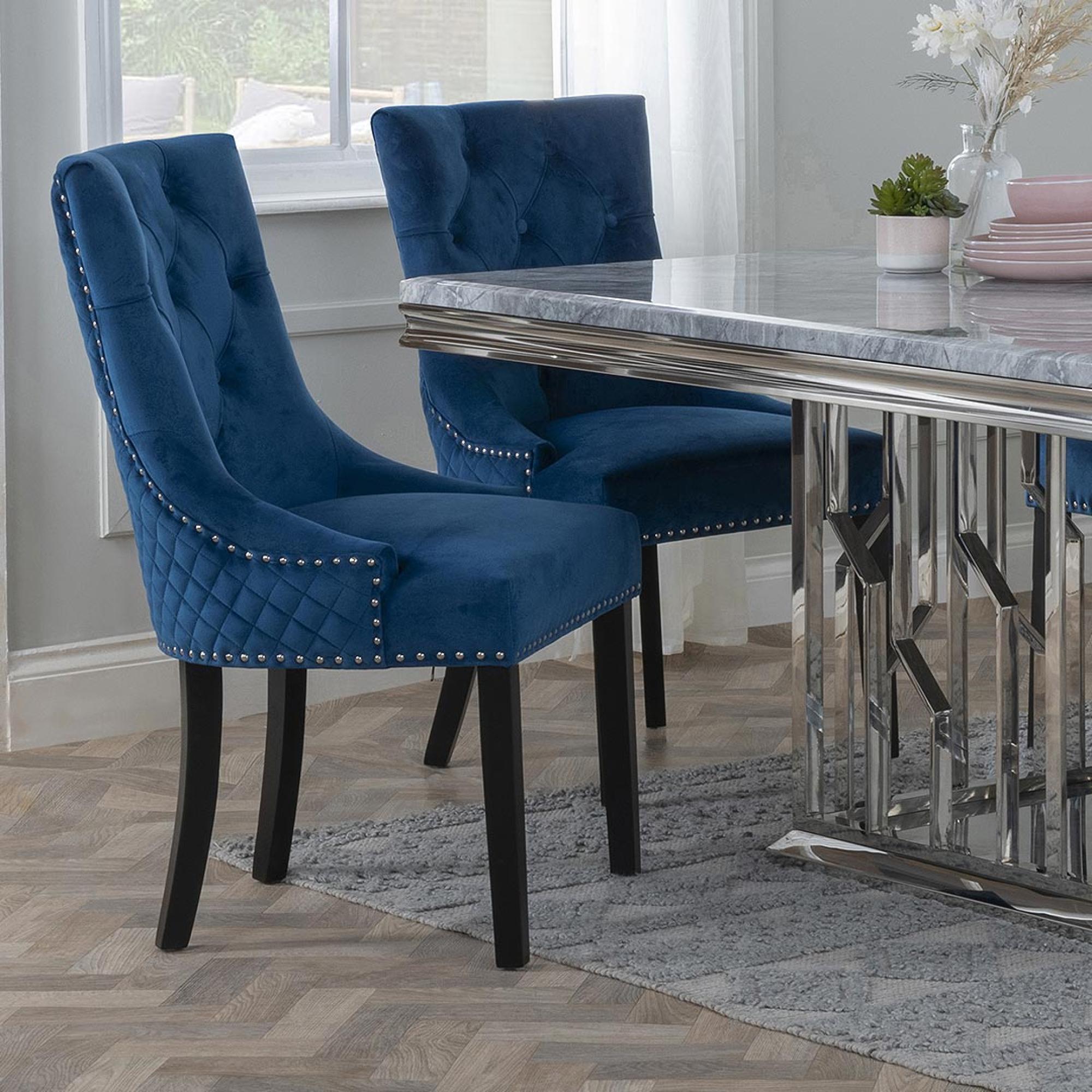 Lion Knocker Back Blue Velvet Fabric Dining Chair with Black Wooden Legs