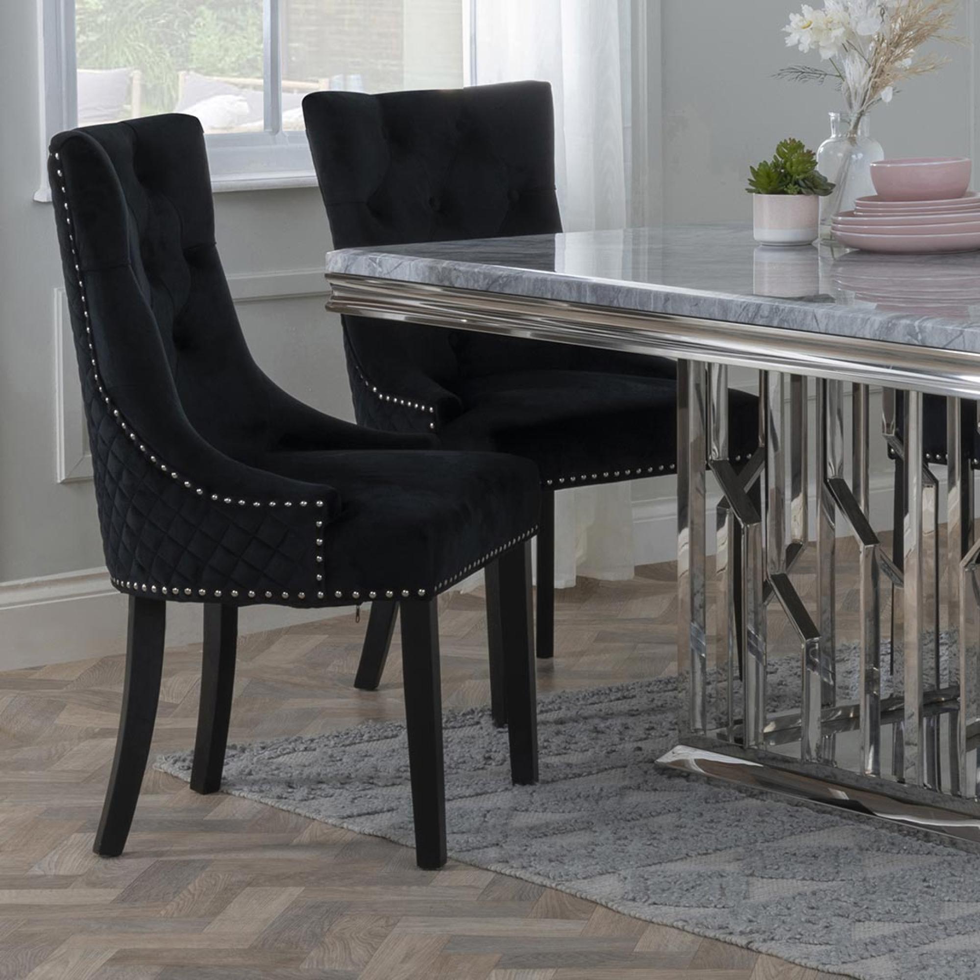 Lion Knocker Back Black Velvet Fabric Dining Chair with Black Wooden Legs