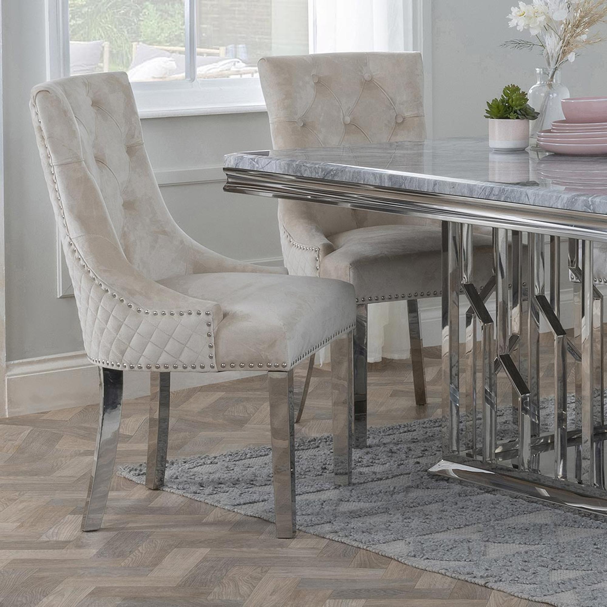 Lion Knocker Back Champagne Velvet Fabric Dining Chair with Chrome Legs