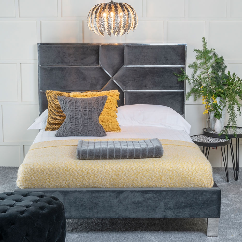 Monza Charcoal Grey Velvet Fabric 4ft 6in Double Bed