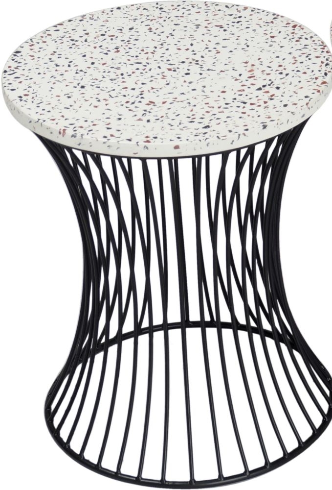Clearance - Ritz Terrazzo Drum Shape Accent Table, Black Wire Metal Base
