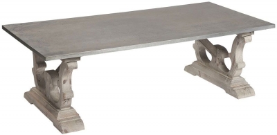 Product photograph of Asbury Old Pine In Grey Lime Finish Rectangular Coffee Table With Zinc Top And Double Pedestal Base - Georgian Style from Choice Furniture Superstore