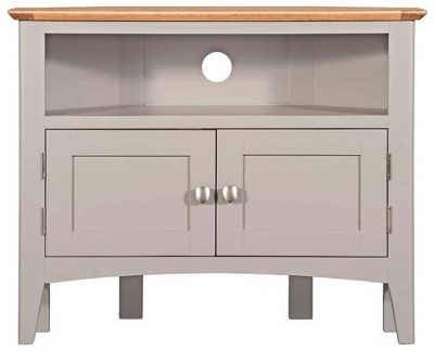 Lowell Grey and Oak Corner TV Unit, 80cm W with Storage for Television Upto 32in Plasma