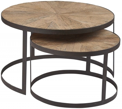 Renton Industrial Reclaimed Elm Parquet Top Round Nest Of 2 Side Tables