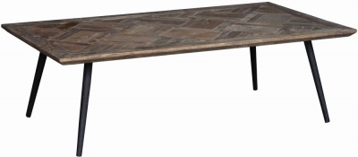 Product photograph of Renton Industrial Reclaimed Elm Parquet Top Coffee Table With Black Metal Legs from Choice Furniture Superstore